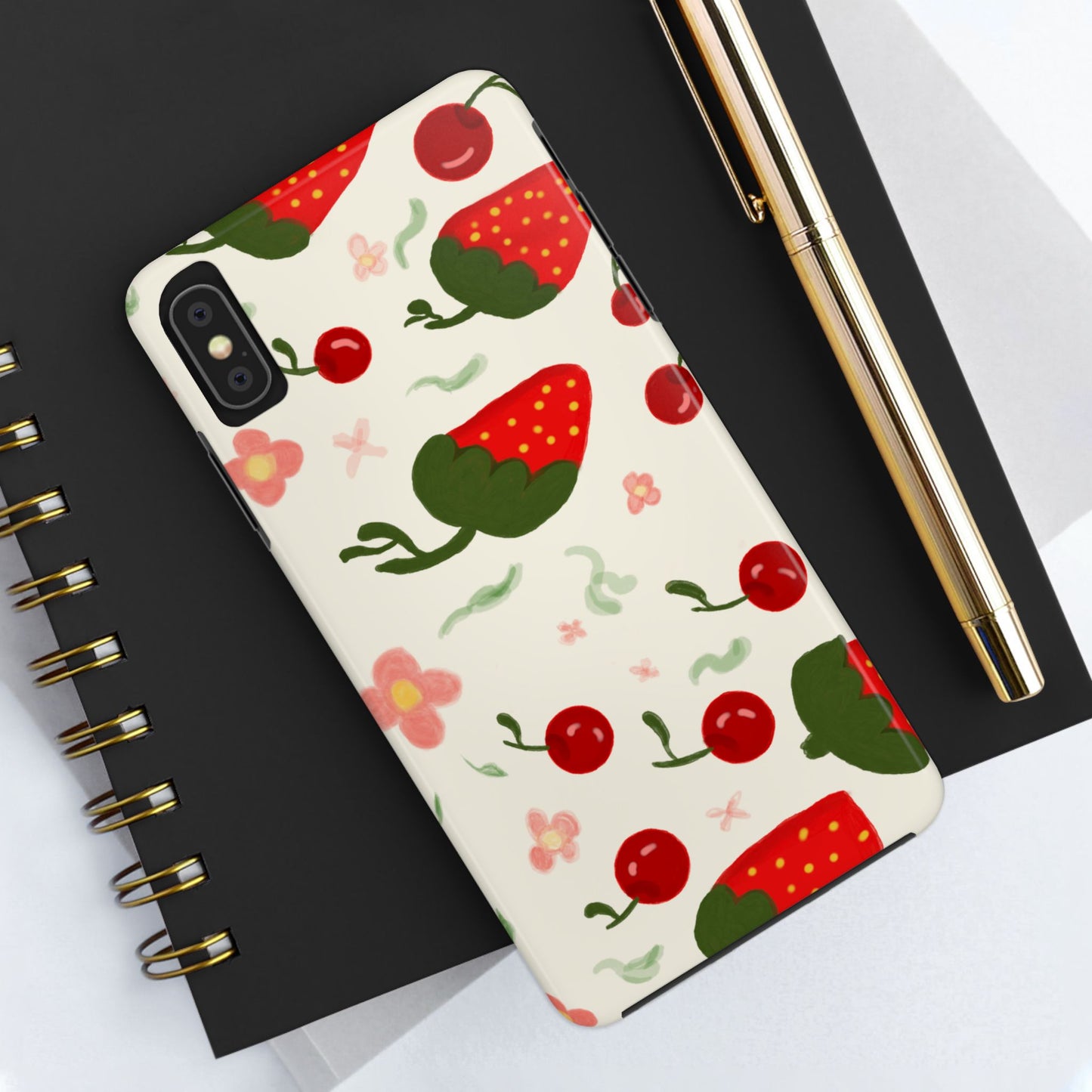 Phone Cases - Strawberry Cherry Floral Pattern Design, Fun Nature-Inspired Vibe