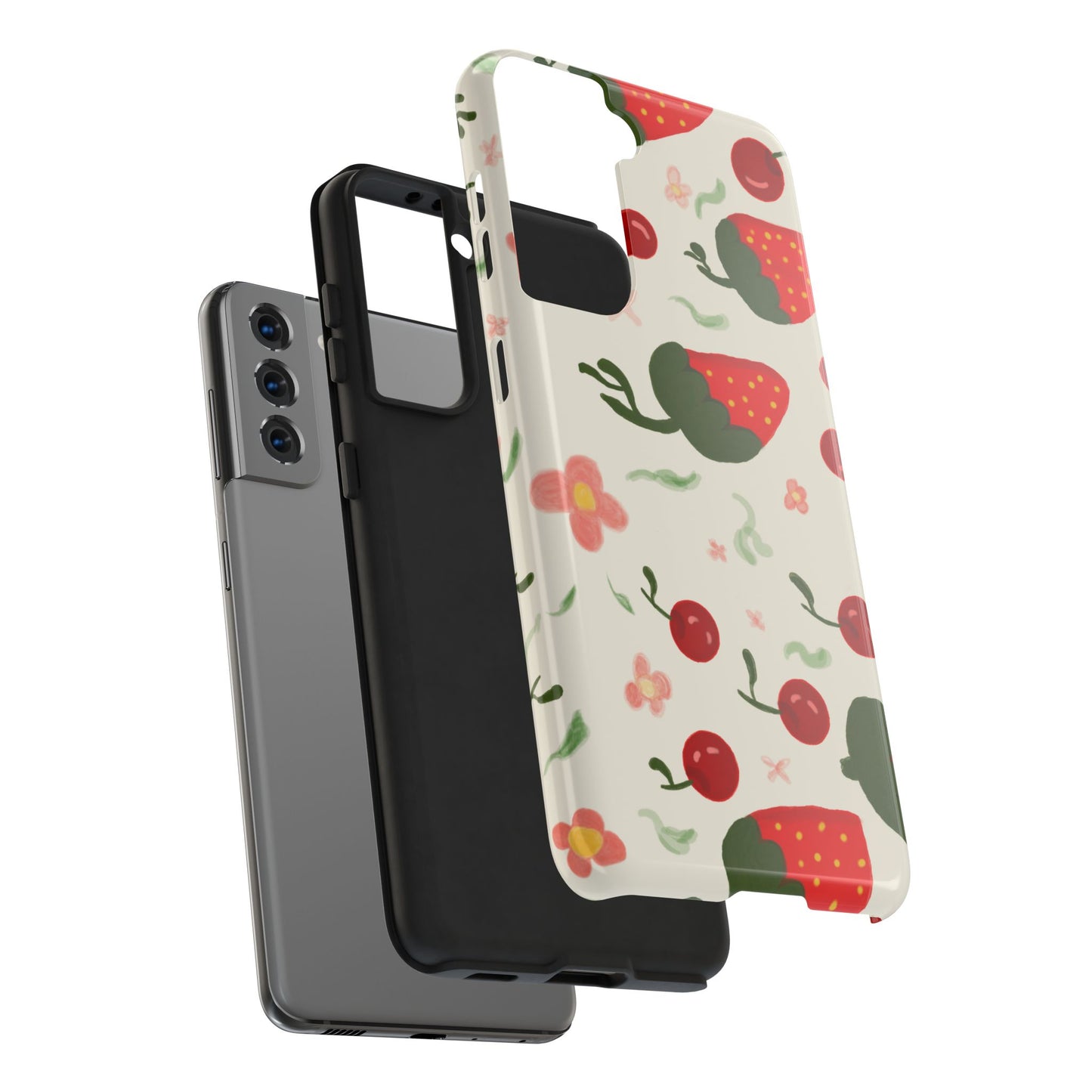 Phone Cases - Strawberry Cherry Floral Pattern Design, Fun Nature-Inspired Vibe