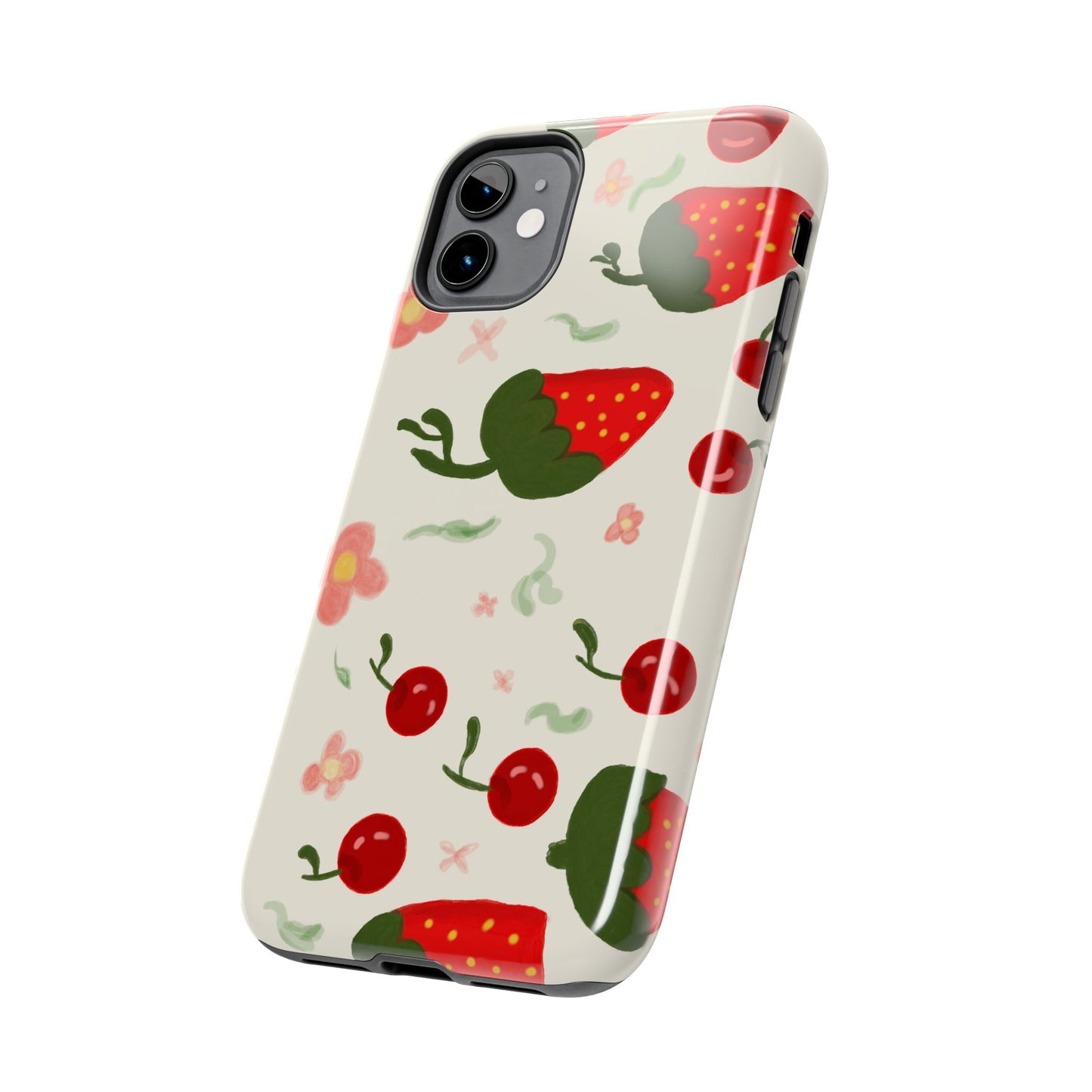 Phone Cases - Strawberry Cherry Floral Pattern Design, Fun Nature-Inspired Vibe
