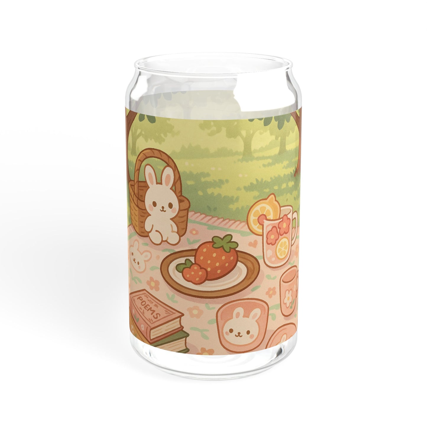 Kawaii Bunny Picnic Glass Tumbler – Cute Iced Drink Cup with Bamboo Lid & Straw