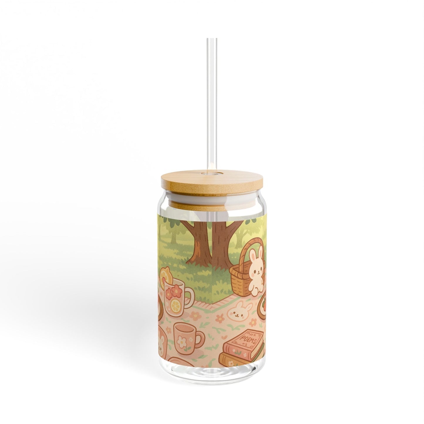 Kawaii Bunny Picnic Glass Tumbler – Cute Iced Drink Cup with Bamboo Lid & Straw