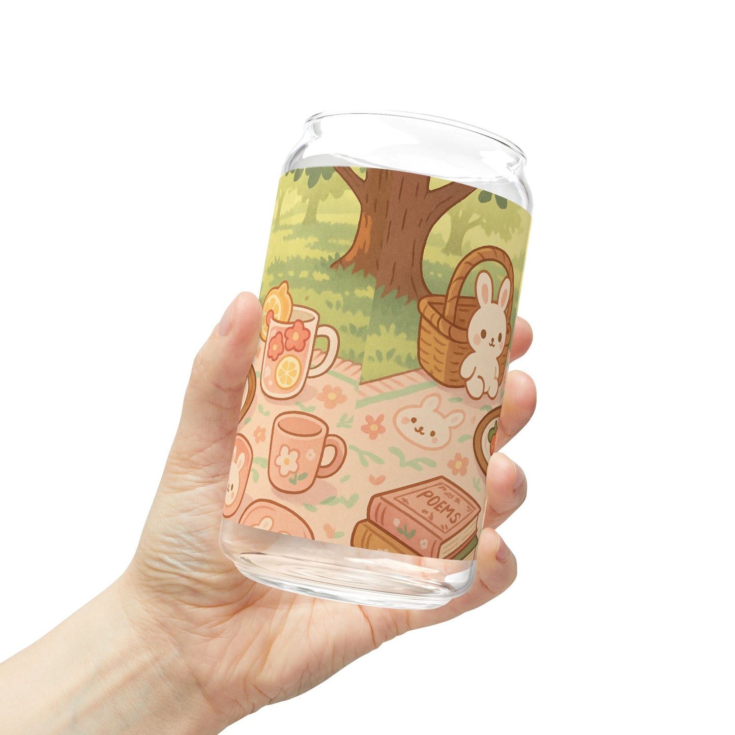 Kawaii Bunny Picnic Glass Tumbler – Cute Iced Drink Cup with Bamboo Lid & Straw