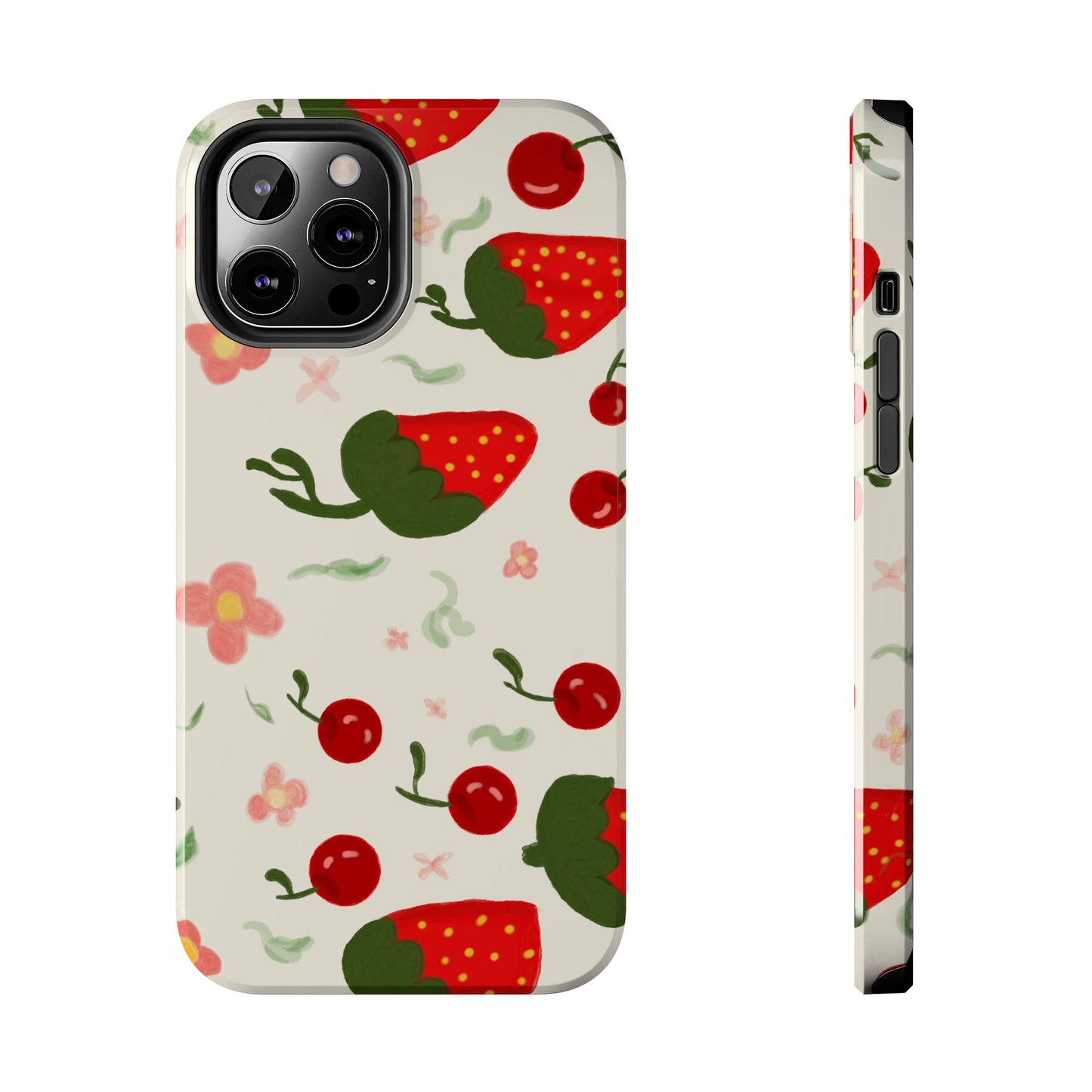 Phone Cases - Strawberry Cherry Floral Pattern Design, Fun Nature-Inspired Vibe
