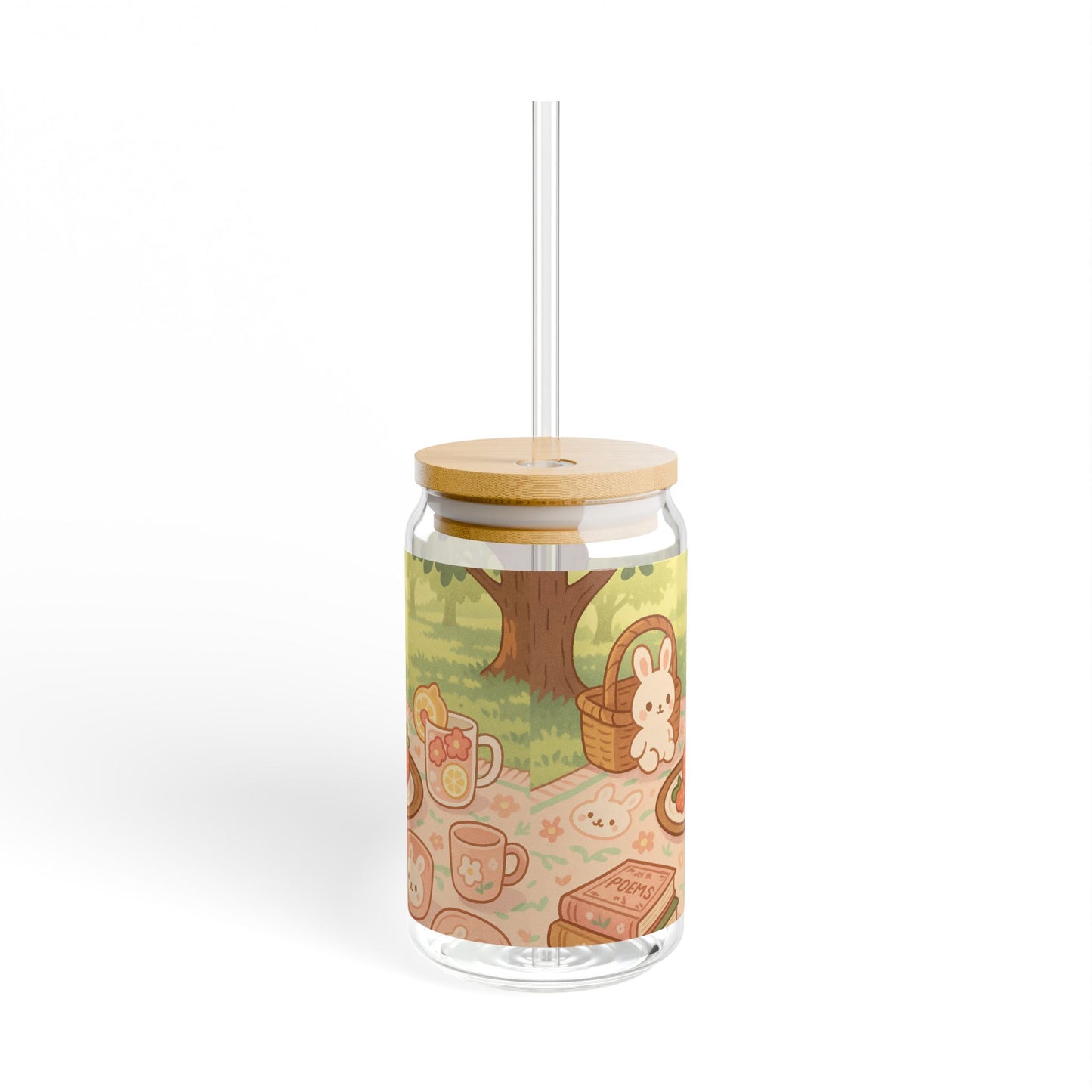 Kawaii Bunny Picnic Glass Tumbler – Cute Iced Drink Cup with Bamboo Lid & Straw