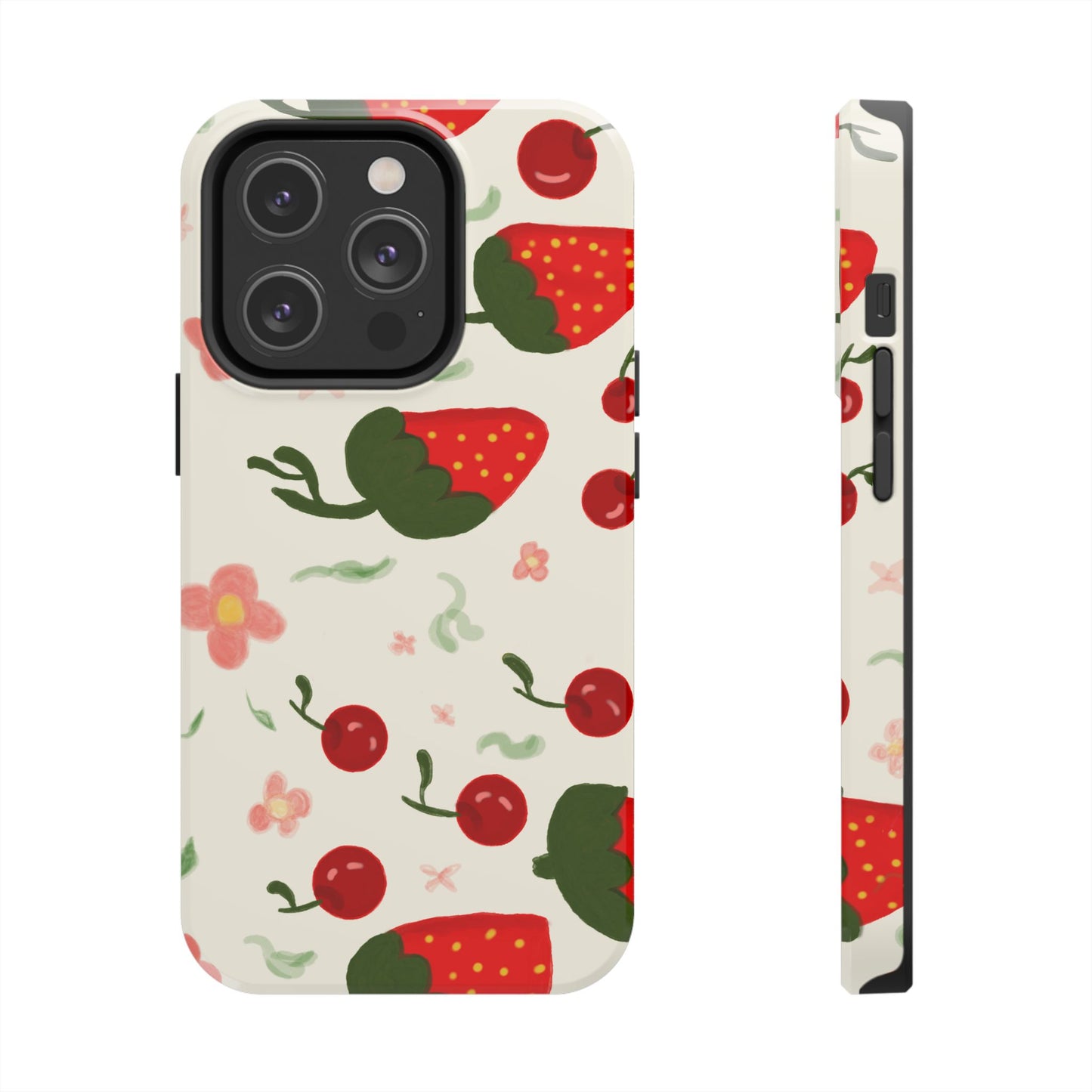 Phone Cases - Strawberry Cherry Floral Pattern Design, Fun Nature-Inspired Vibe