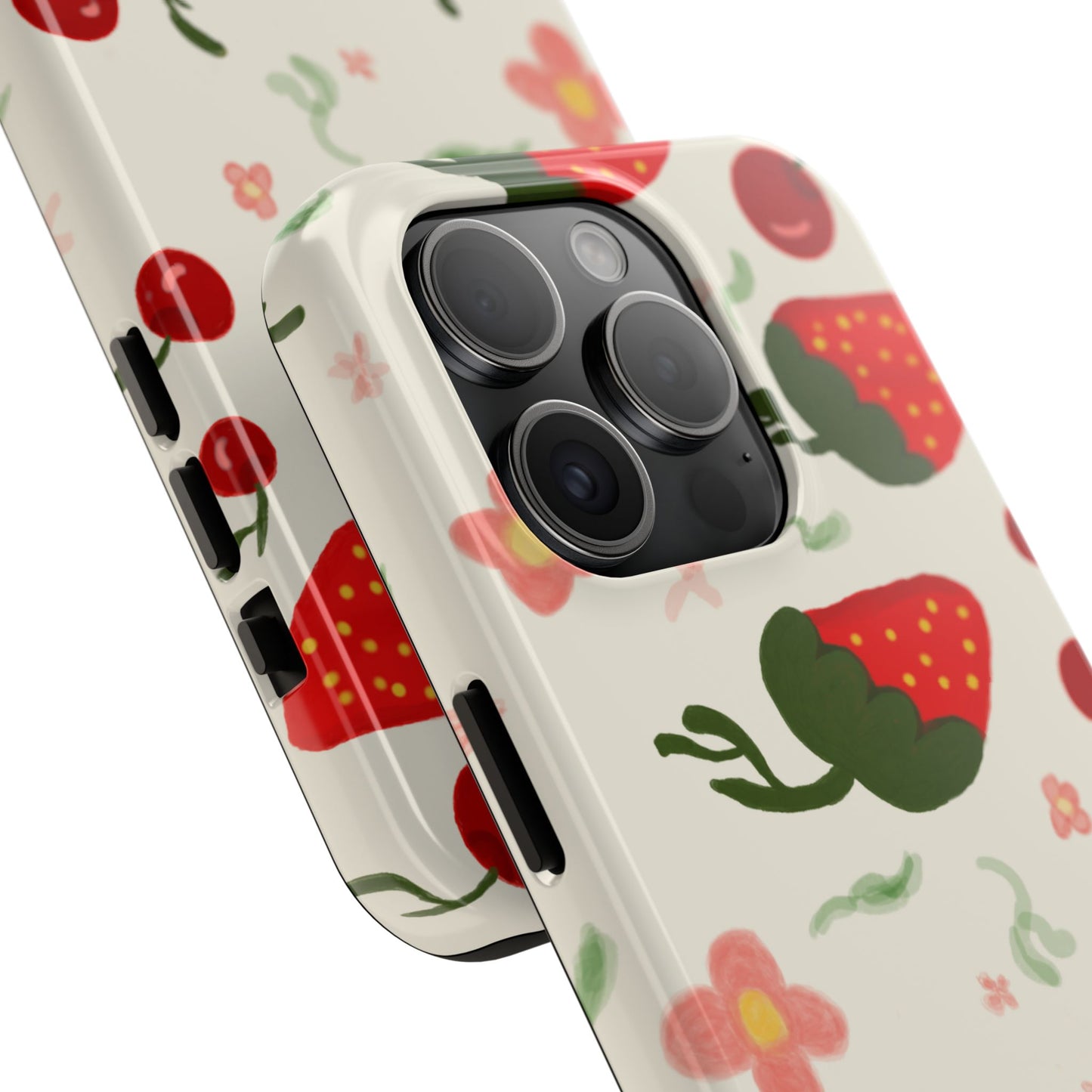 Phone Cases - Strawberry Cherry Floral Pattern Design, Fun Nature-Inspired Vibe