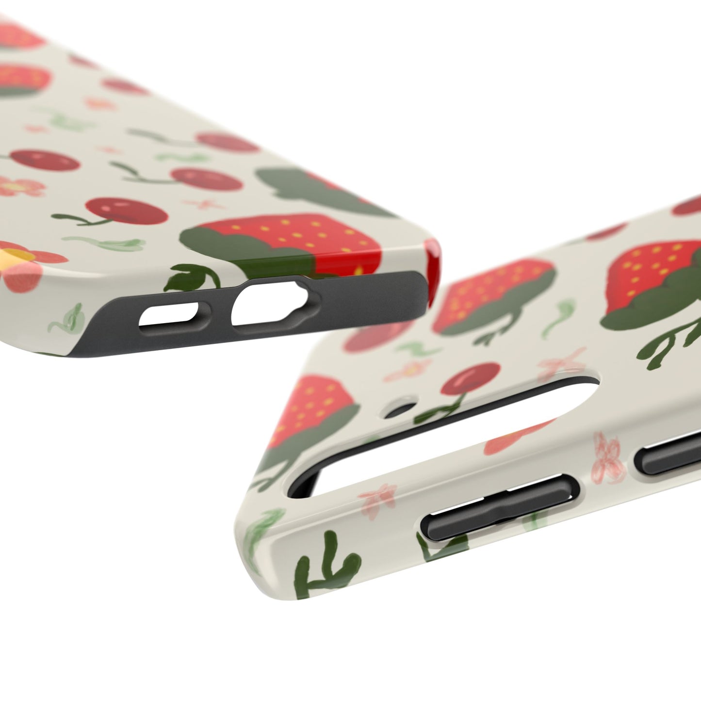 Phone Cases - Strawberry Cherry Floral Pattern Design, Fun Nature-Inspired Vibe