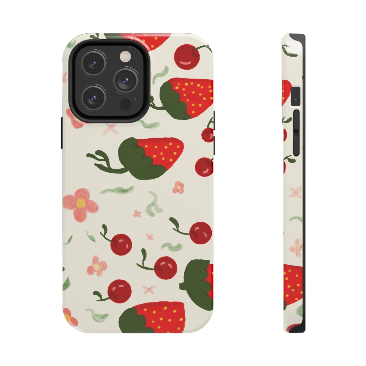 Phone Cases - Strawberry Cherry Floral Pattern Design, Fun Nature-Inspired Vibe