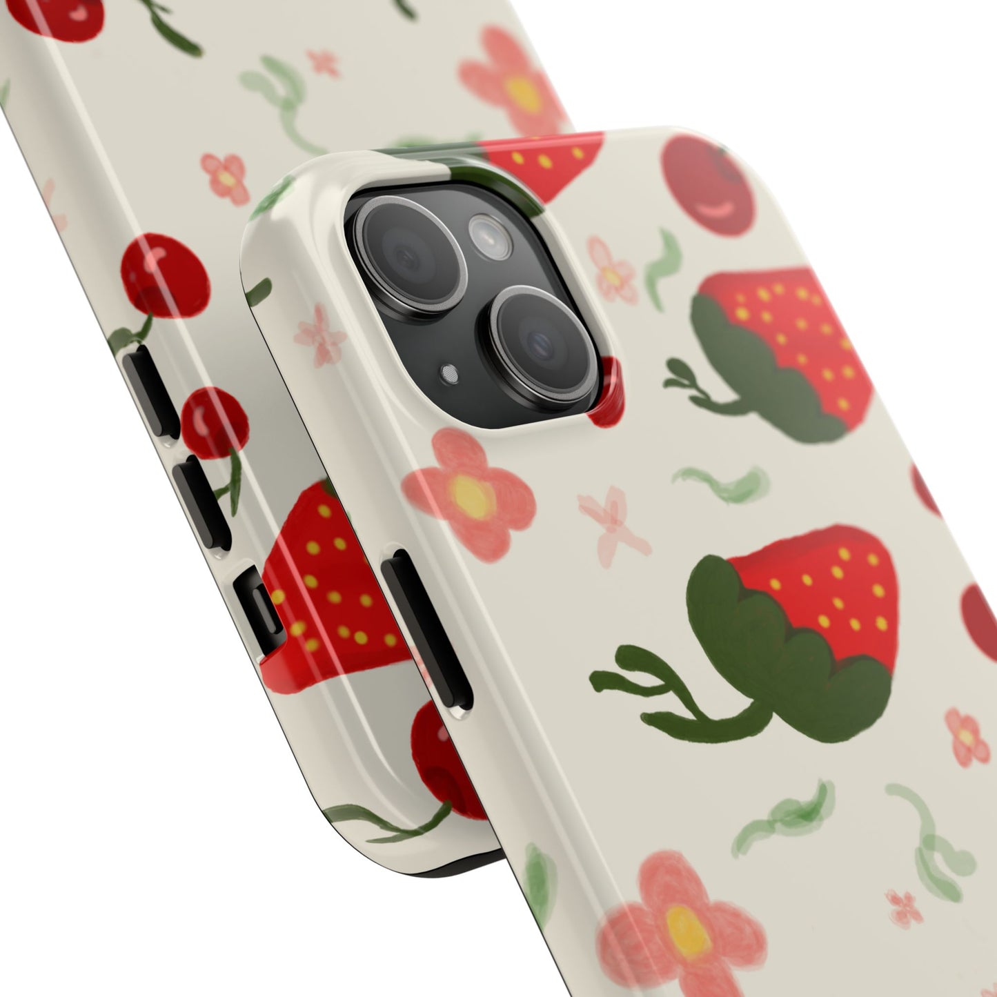 Phone Cases - Strawberry Cherry Floral Pattern Design, Fun Nature-Inspired Vibe