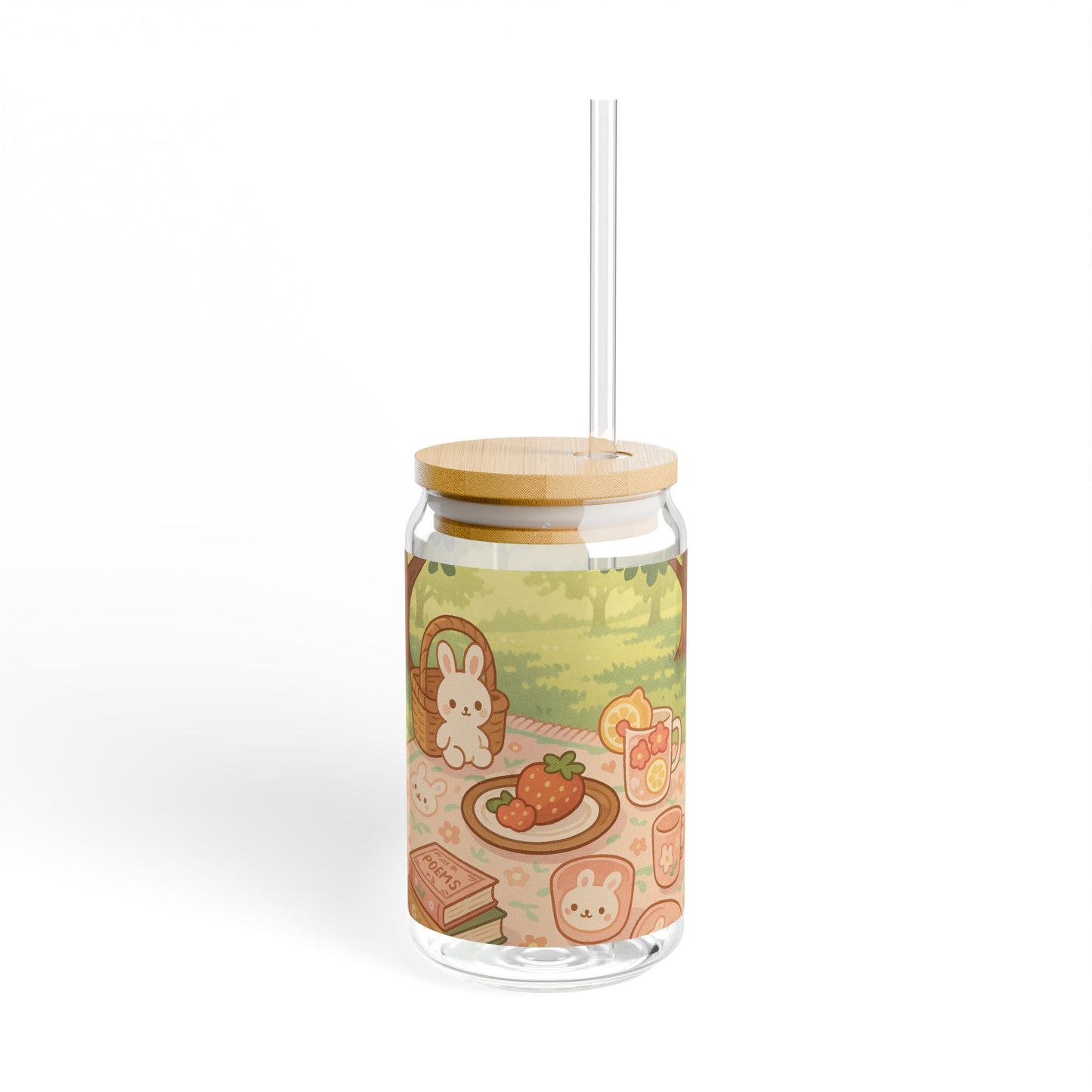 Kawaii Bunny Picnic Glass Tumbler – Cute Iced Drink Cup with Bamboo Lid & Straw