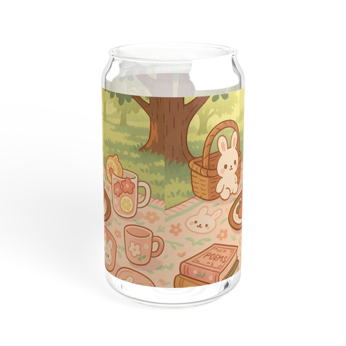 Kawaii Bunny Picnic Glass Tumbler – Cute Iced Drink Cup with Bamboo Lid & Straw