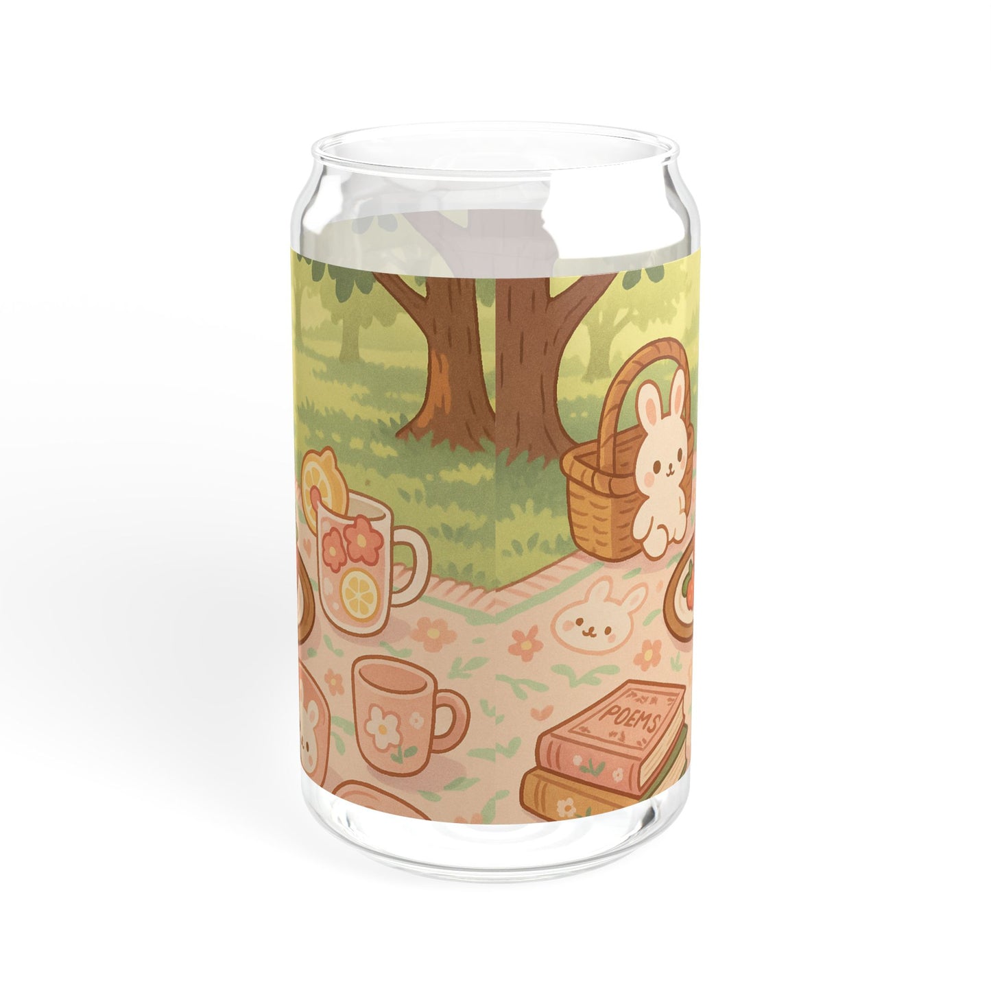 Kawaii Bunny Picnic Glass Tumbler – Cute Iced Drink Cup with Bamboo Lid & Straw