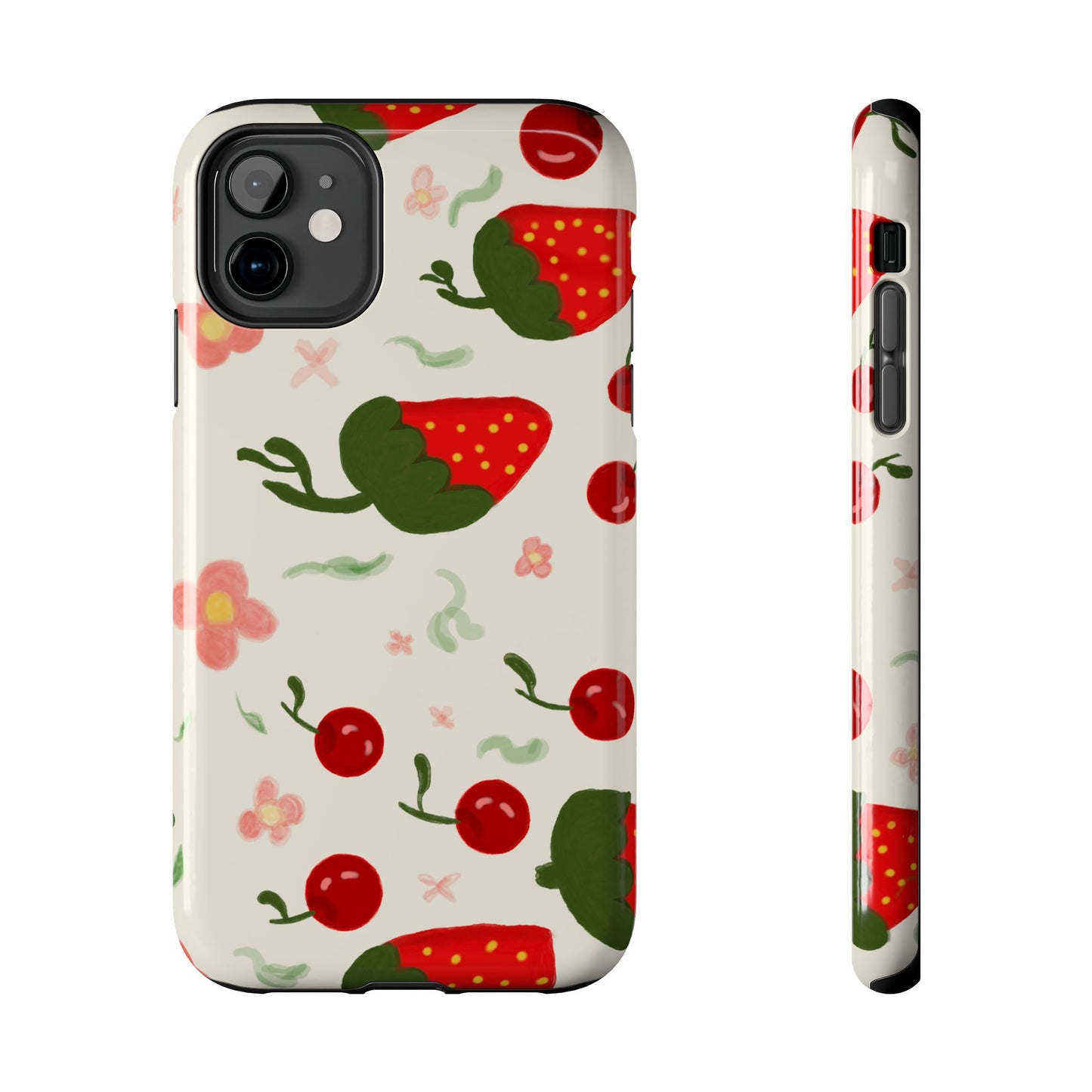 Phone Cases - Strawberry Cherry Floral Pattern Design, Fun Nature-Inspired Vibe