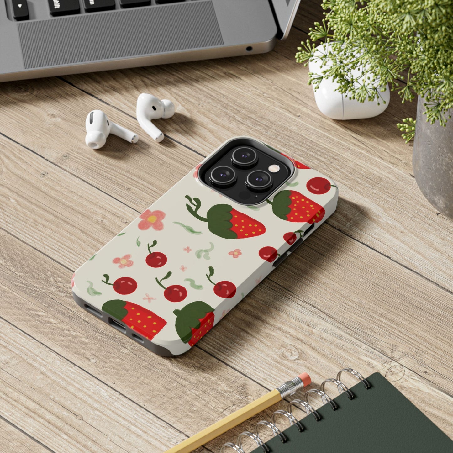 Phone Cases - Strawberry Cherry Floral Pattern Design, Fun Nature-Inspired Vibe
