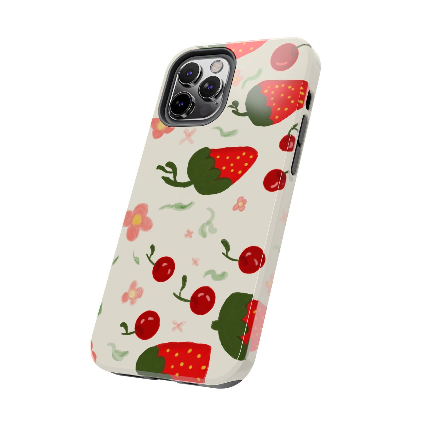Phone Cases - Strawberry Cherry Floral Pattern Design, Fun Nature-Inspired Vibe