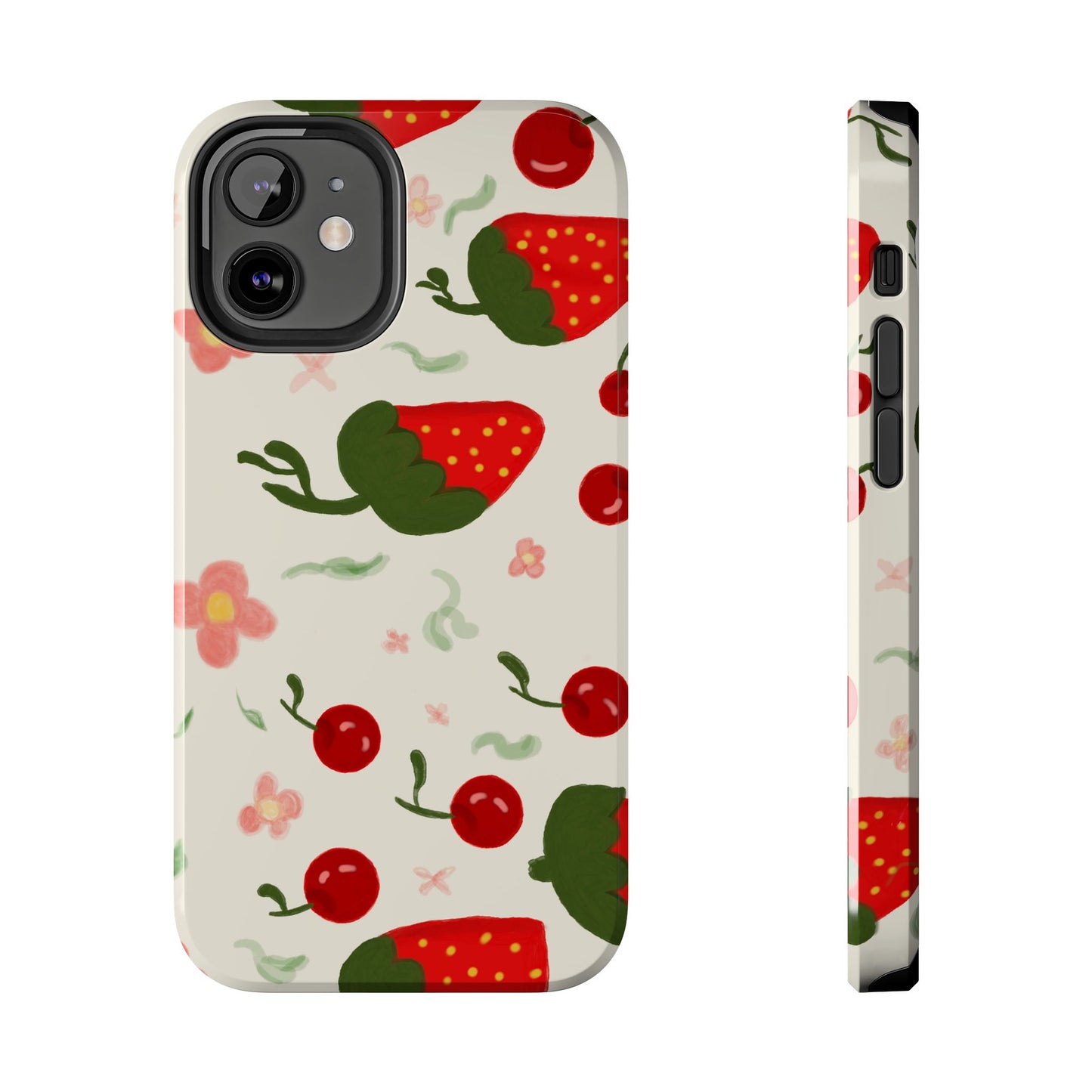 Phone Cases - Strawberry Cherry Floral Pattern Design, Fun Nature-Inspired Vibe