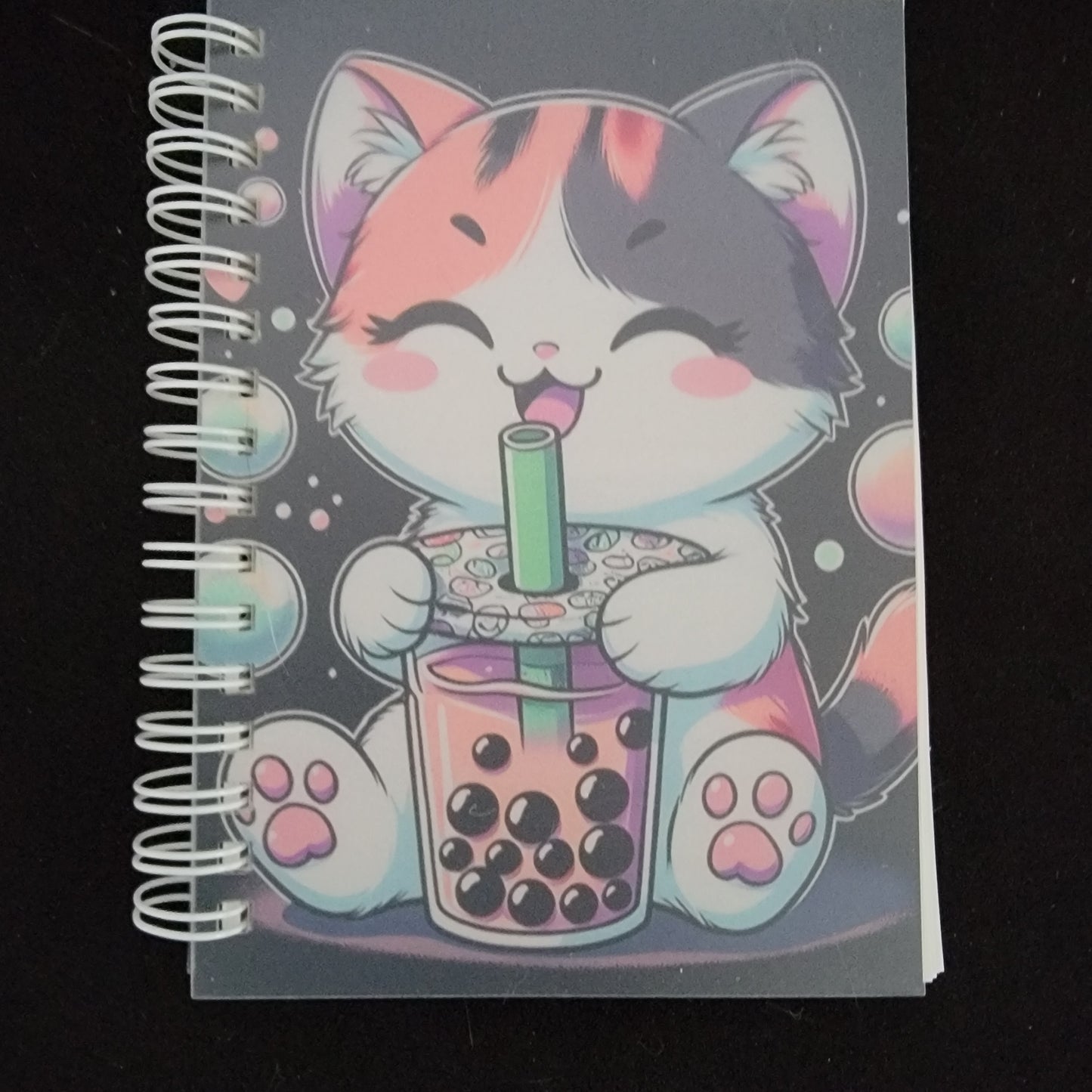 Kawaii Boba Cat Reusable Sticker Book – Spiral-Bound Sticker Storage Album