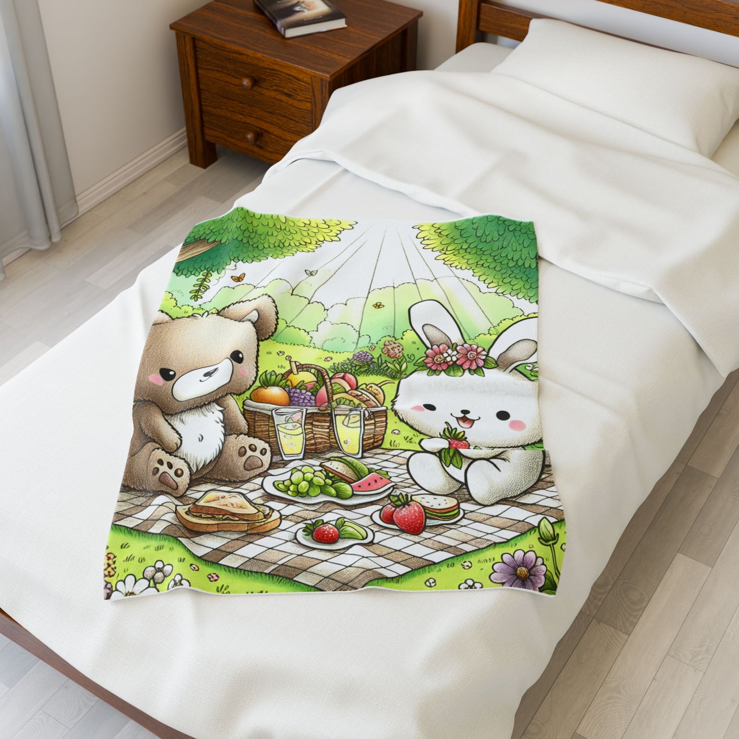 Velveteen Plush Blanket - Cute Bear and Bunny Picnic Design - Spring Gatherings & Kids' Rooms