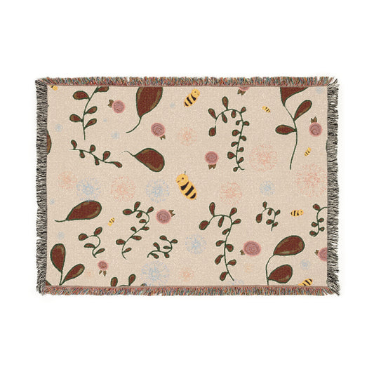 Woven Blanket - Botanical Cozy Throw with Floral and Bee Design