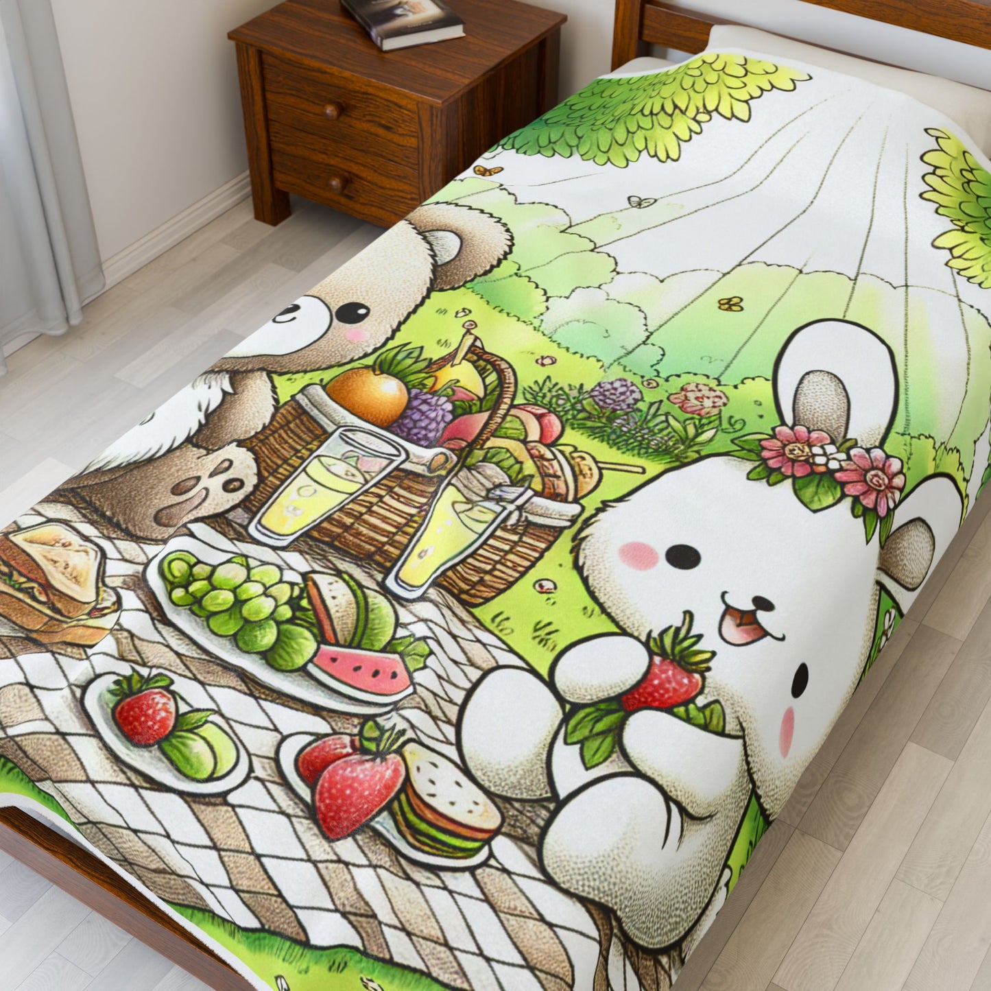 Velveteen Plush Blanket - Cute Bear and Bunny Picnic Design - Spring Gatherings & Kids' Rooms