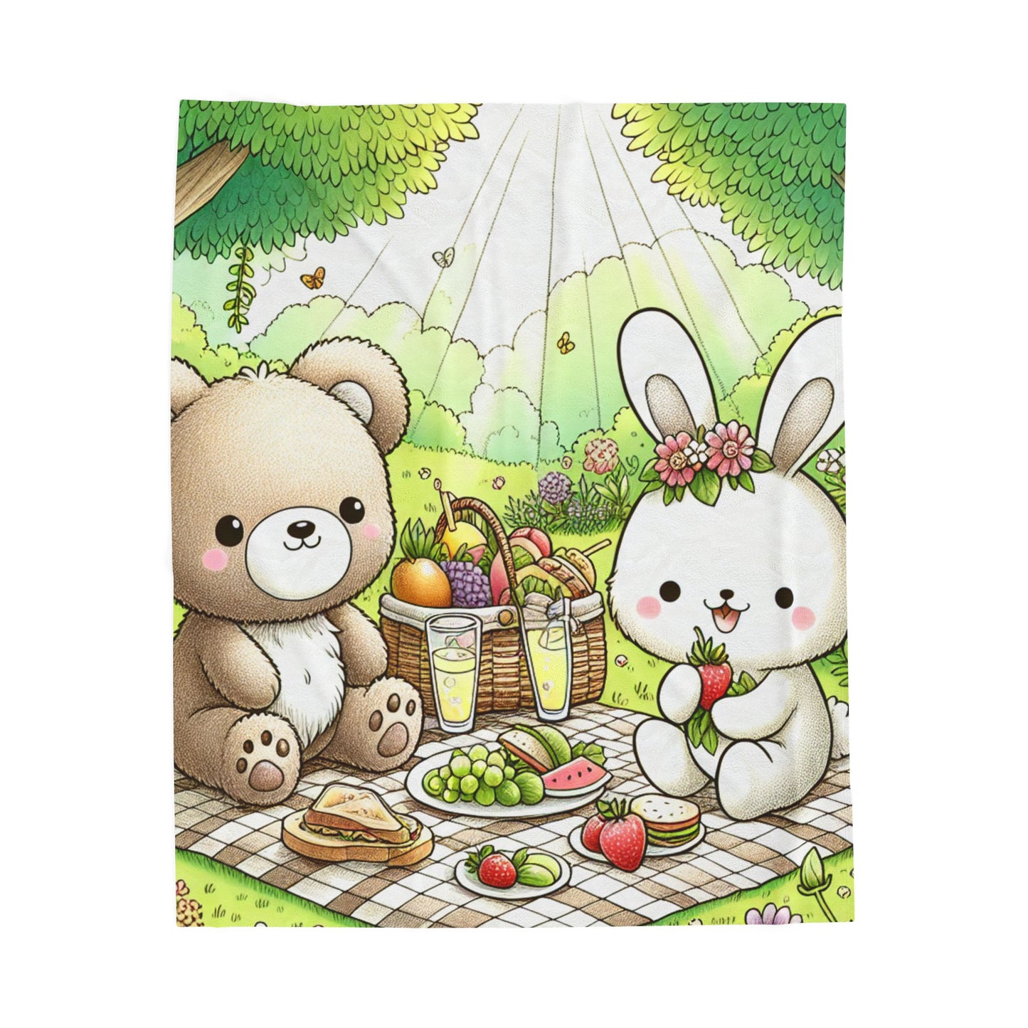 Velveteen Plush Blanket - Cute Bear and Bunny Picnic Design - Spring Gatherings & Kids' Rooms