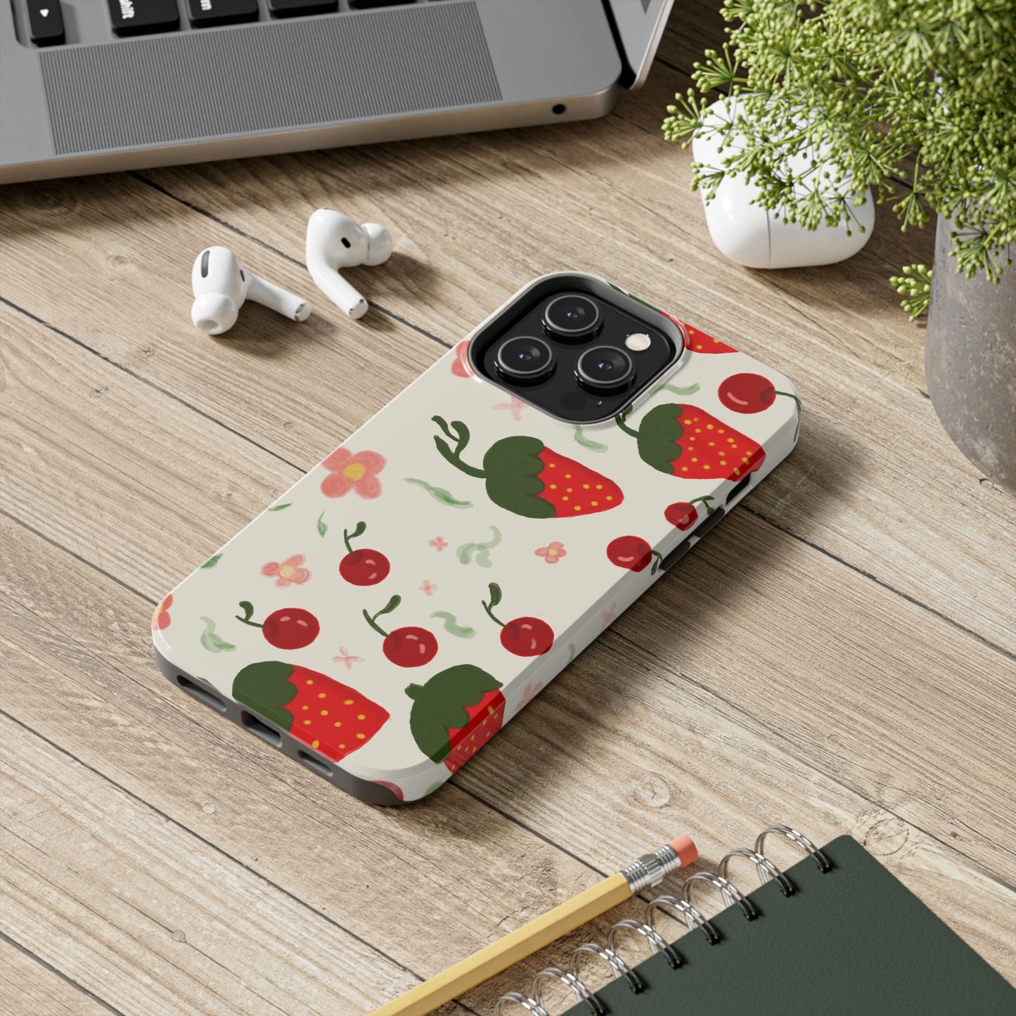 Phone Cases - Strawberry Cherry Floral Pattern Design, Fun Nature-Inspired Vibe