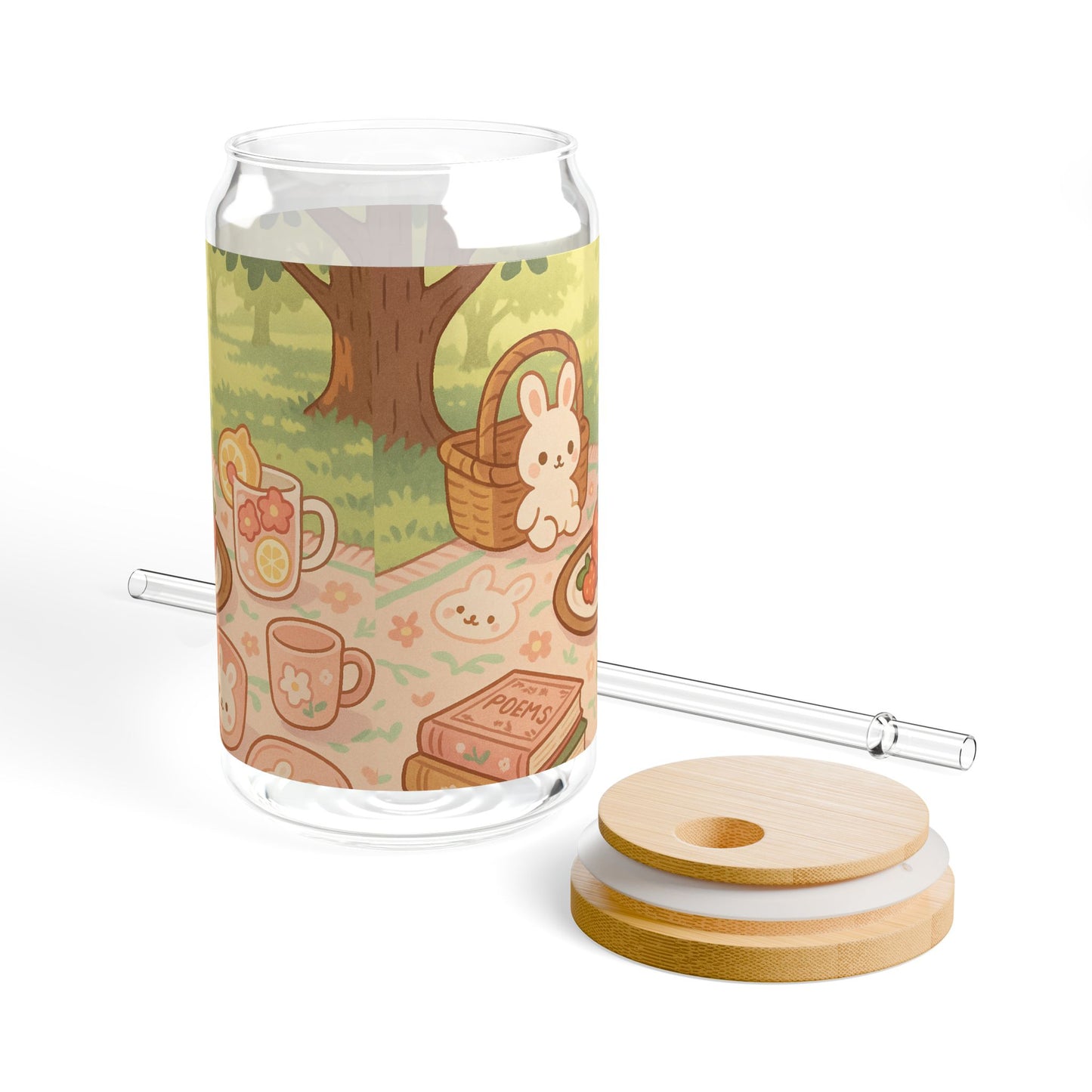 Kawaii Bunny Picnic Glass Tumbler – Cute Iced Drink Cup with Bamboo Lid & Straw