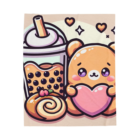 Bear-y Sweet & Boba-licious Velveteen Blanket – Kawaii Cozy Gift for Boba Lovers
