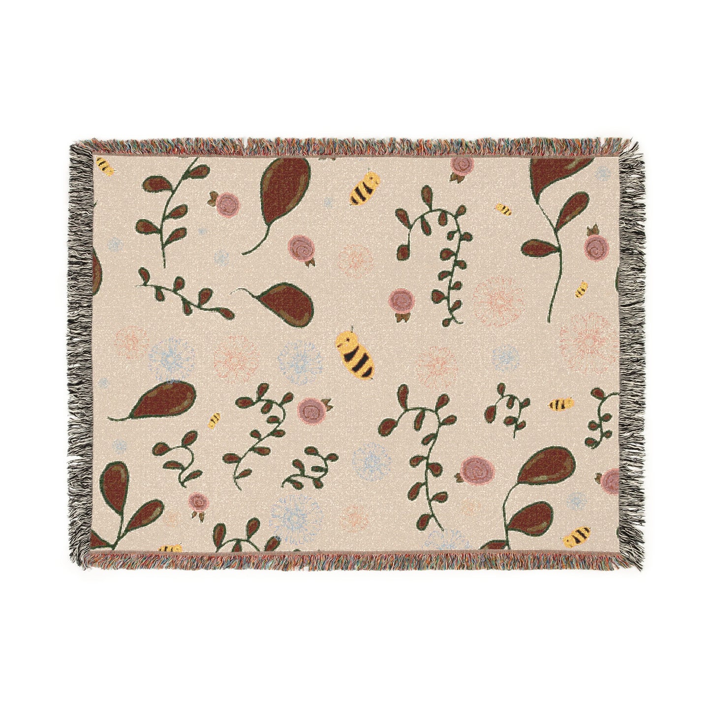 Woven Blanket - Botanical Cozy Throw with Floral and Bee Design