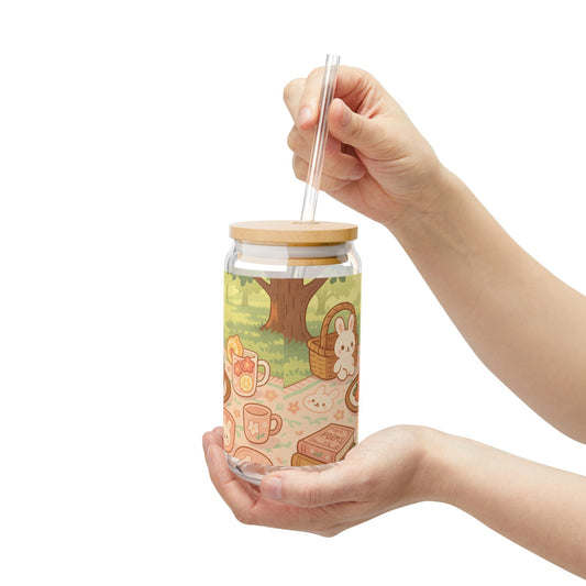Kawaii Bunny Picnic Glass Tumbler – Cute Iced Drink Cup with Bamboo Lid & Straw