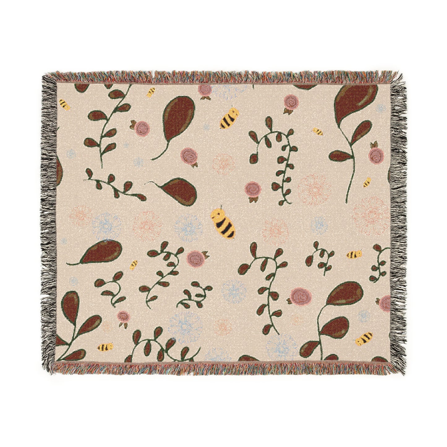 Woven Blanket - Botanical Cozy Throw with Floral and Bee Design