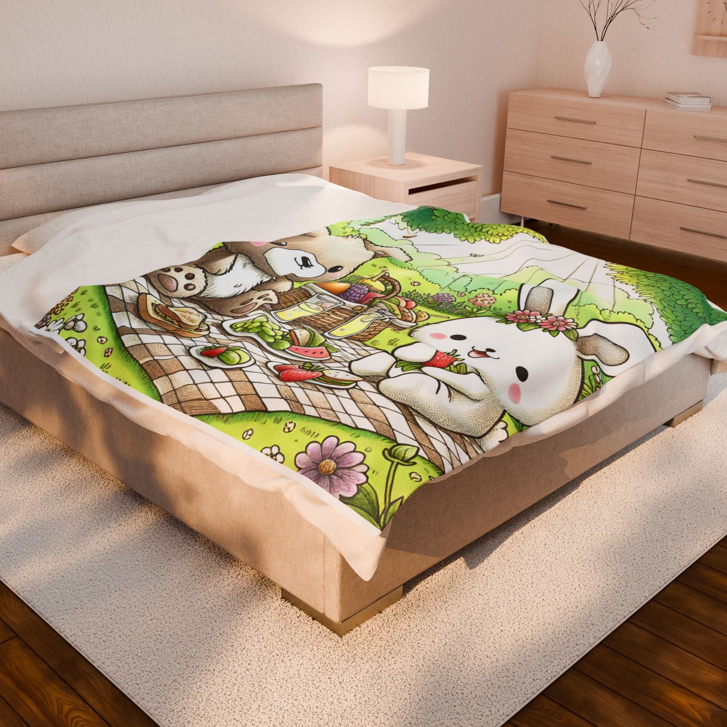 Velveteen Plush Blanket - Cute Bear and Bunny Picnic Design - Spring Gatherings & Kids' Rooms