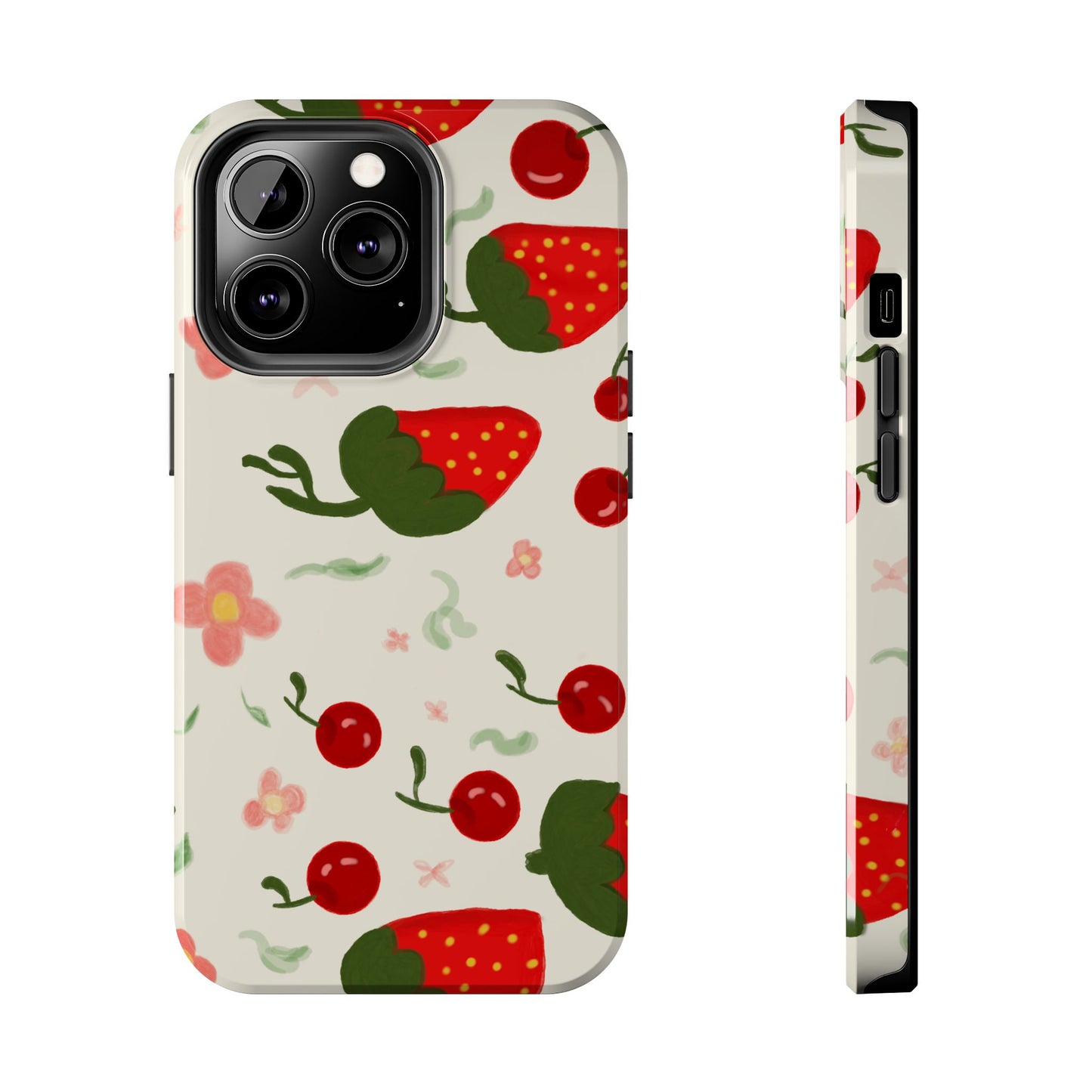 Phone Cases - Strawberry Cherry Floral Pattern Design, Fun Nature-Inspired Vibe