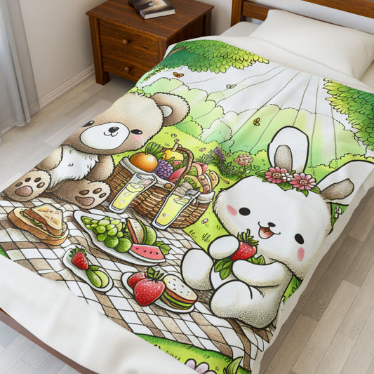 Velveteen Plush Blanket - Cute Bear and Bunny Picnic Design - Spring Gatherings & Kids' Rooms
