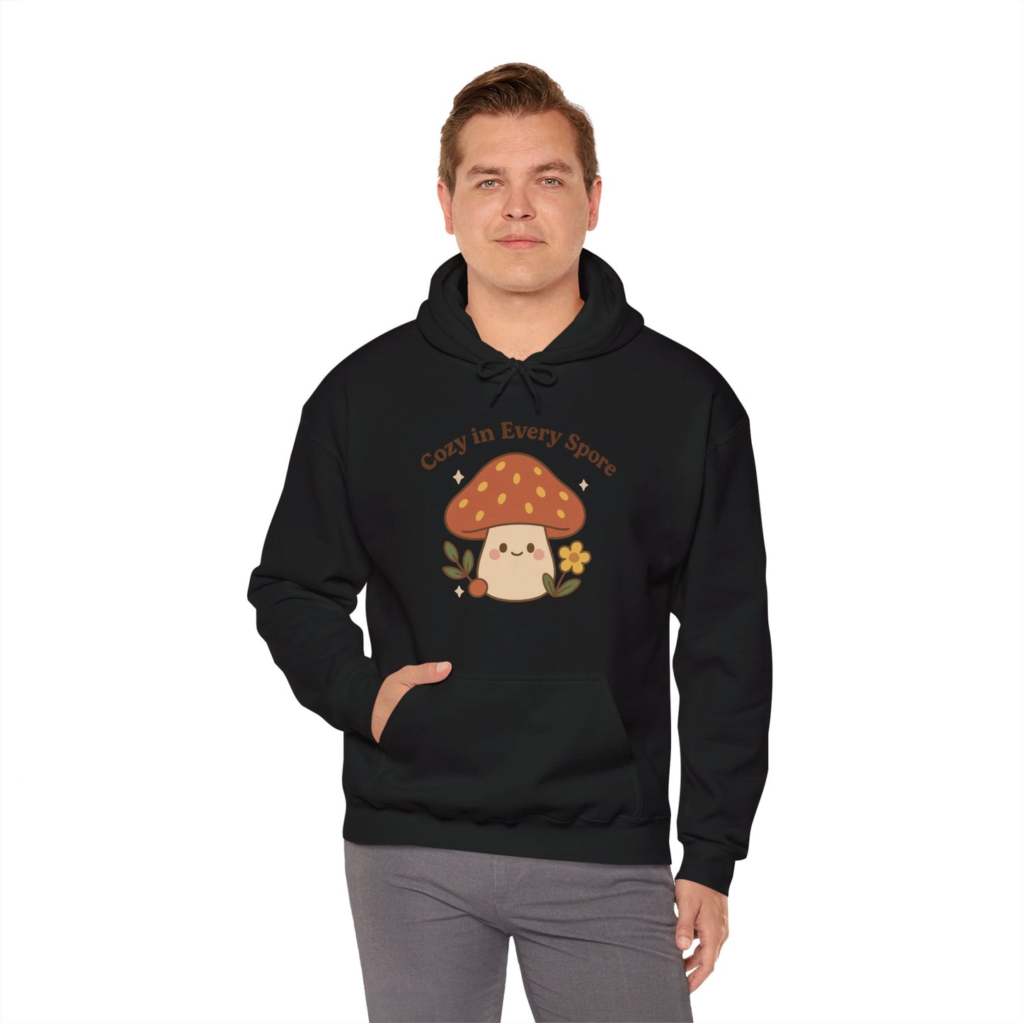 Cozy Mushroom Hoodie - Unisex Heavy Blend™ Sweatshirt with 'Cozy in Every Spore' Design