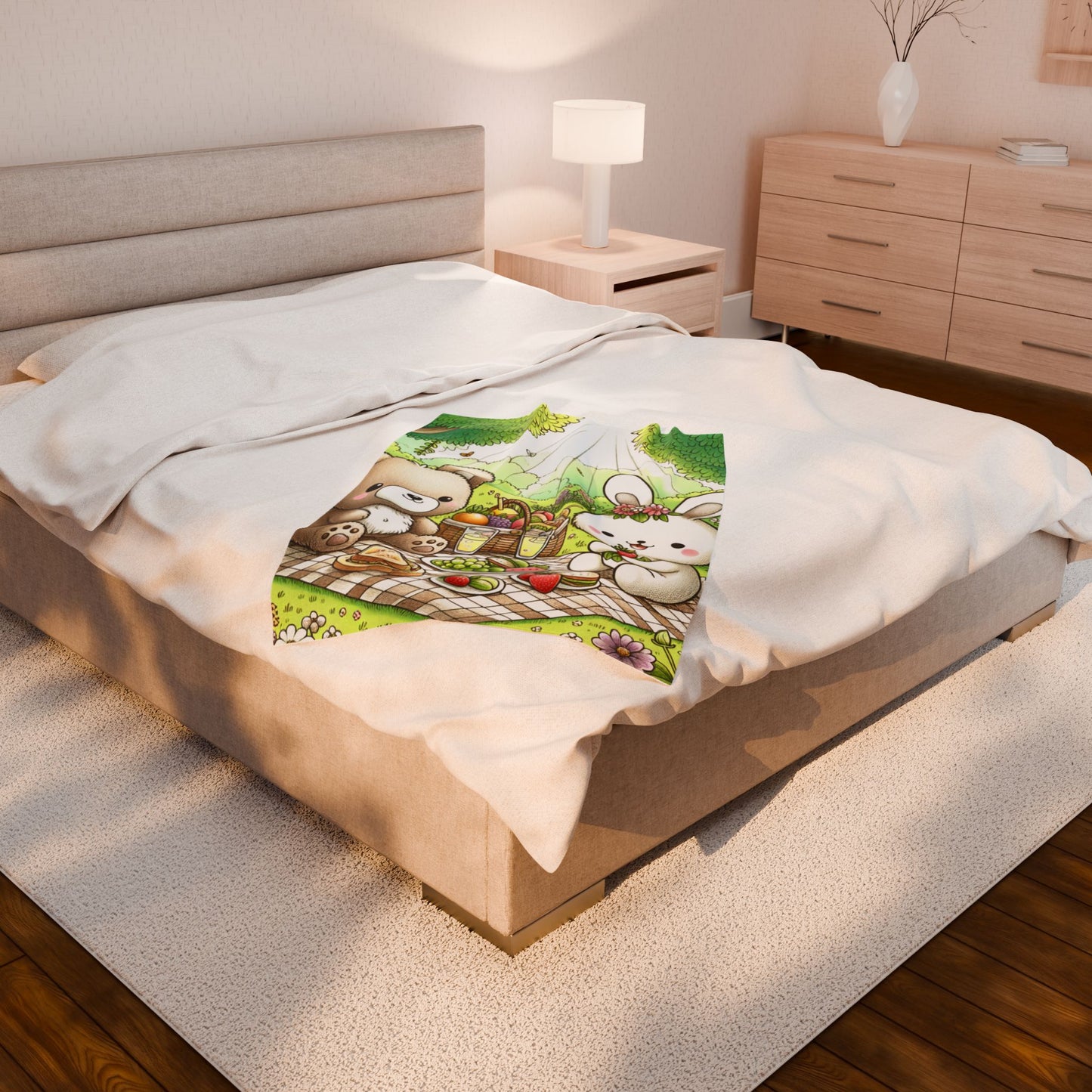 Velveteen Plush Blanket - Cute Bear and Bunny Picnic Design - Spring Gatherings & Kids' Rooms