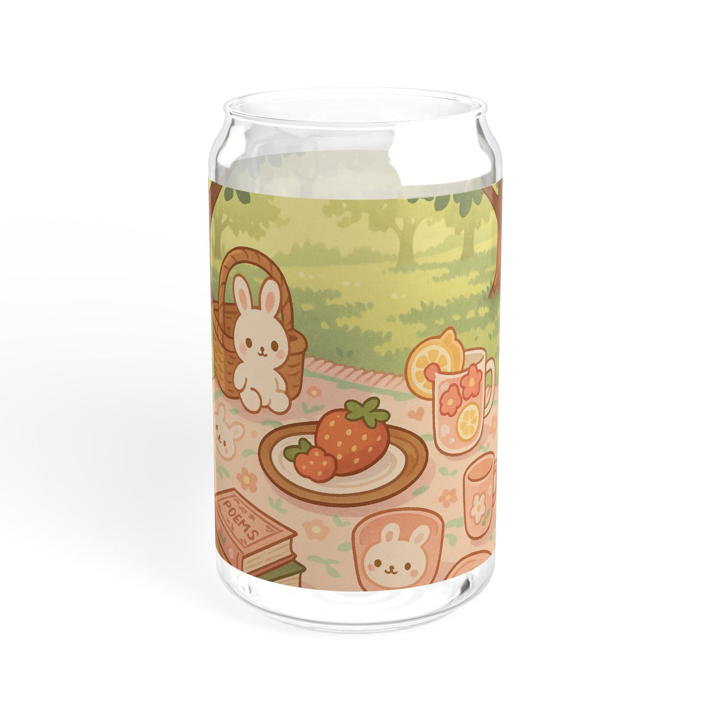 Kawaii Bunny Picnic Glass Tumbler – Cute Iced Drink Cup with Bamboo Lid & Straw