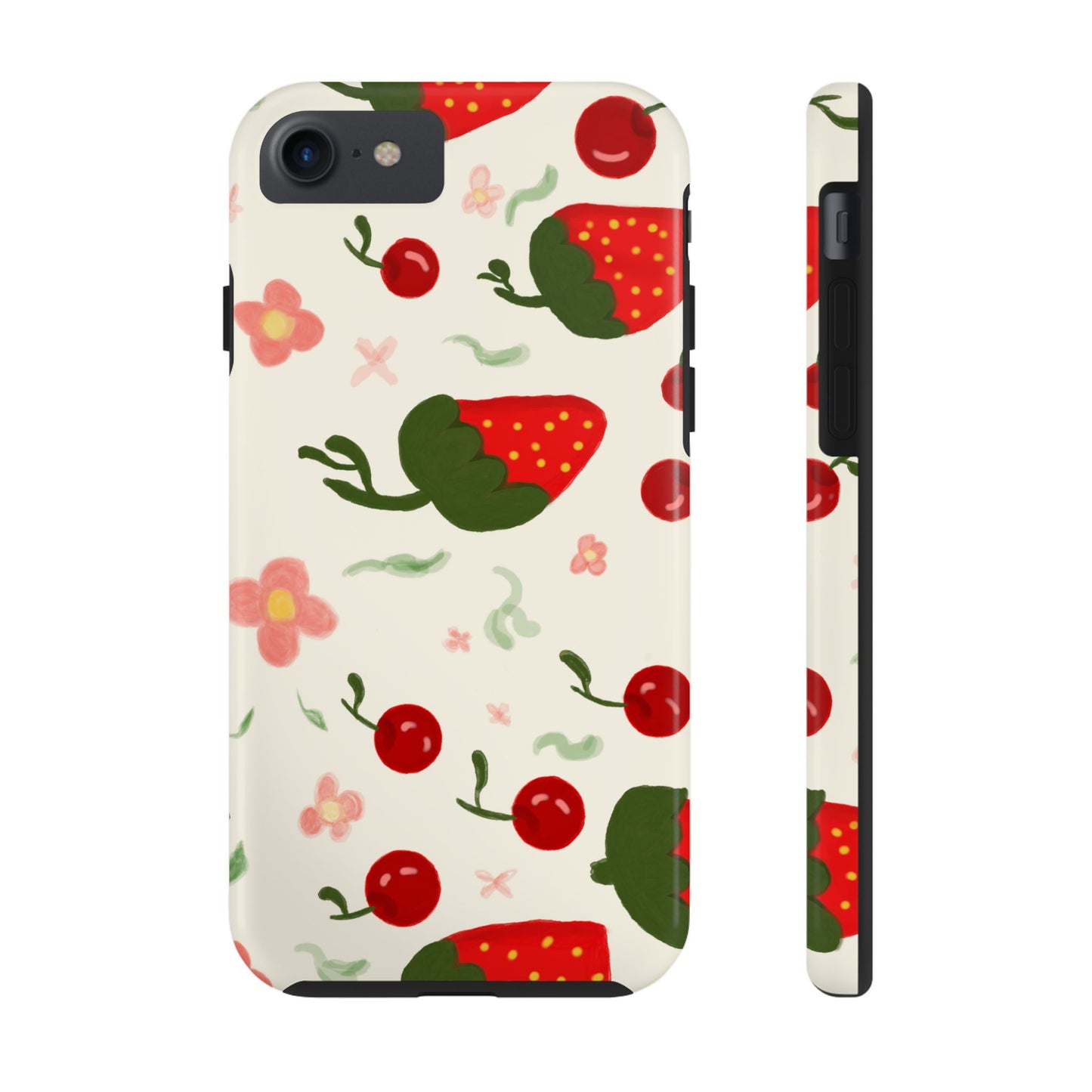 Phone Cases - Strawberry Cherry Floral Pattern Design, Fun Nature-Inspired Vibe