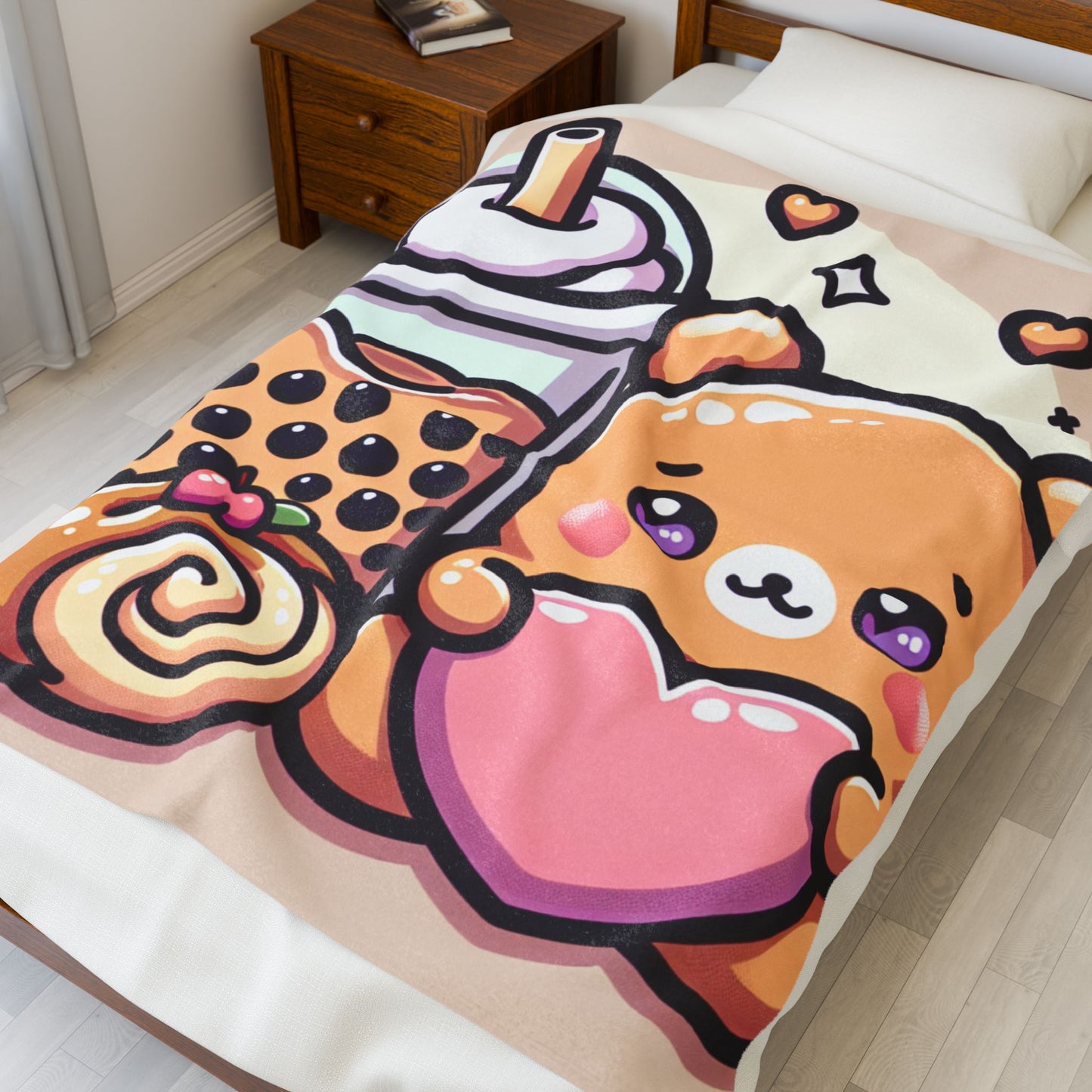 Bear-y Sweet & Boba-licious Velveteen Blanket – Kawaii Cozy Gift for Boba Lovers