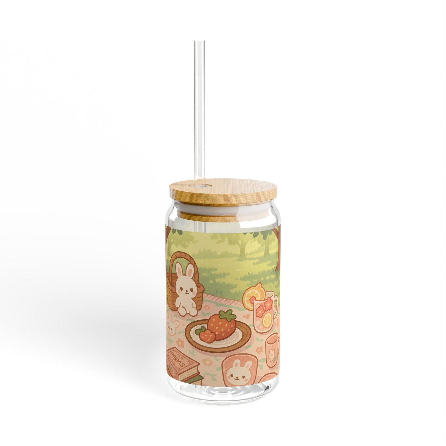 Kawaii Bunny Picnic Glass Tumbler – Cute Iced Drink Cup with Bamboo Lid & Straw
