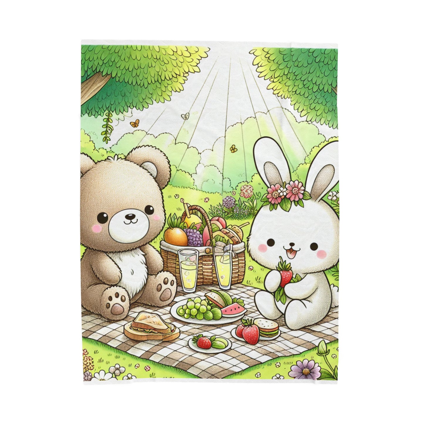Velveteen Plush Blanket - Cute Bear and Bunny Picnic Design - Spring Gatherings & Kids' Rooms