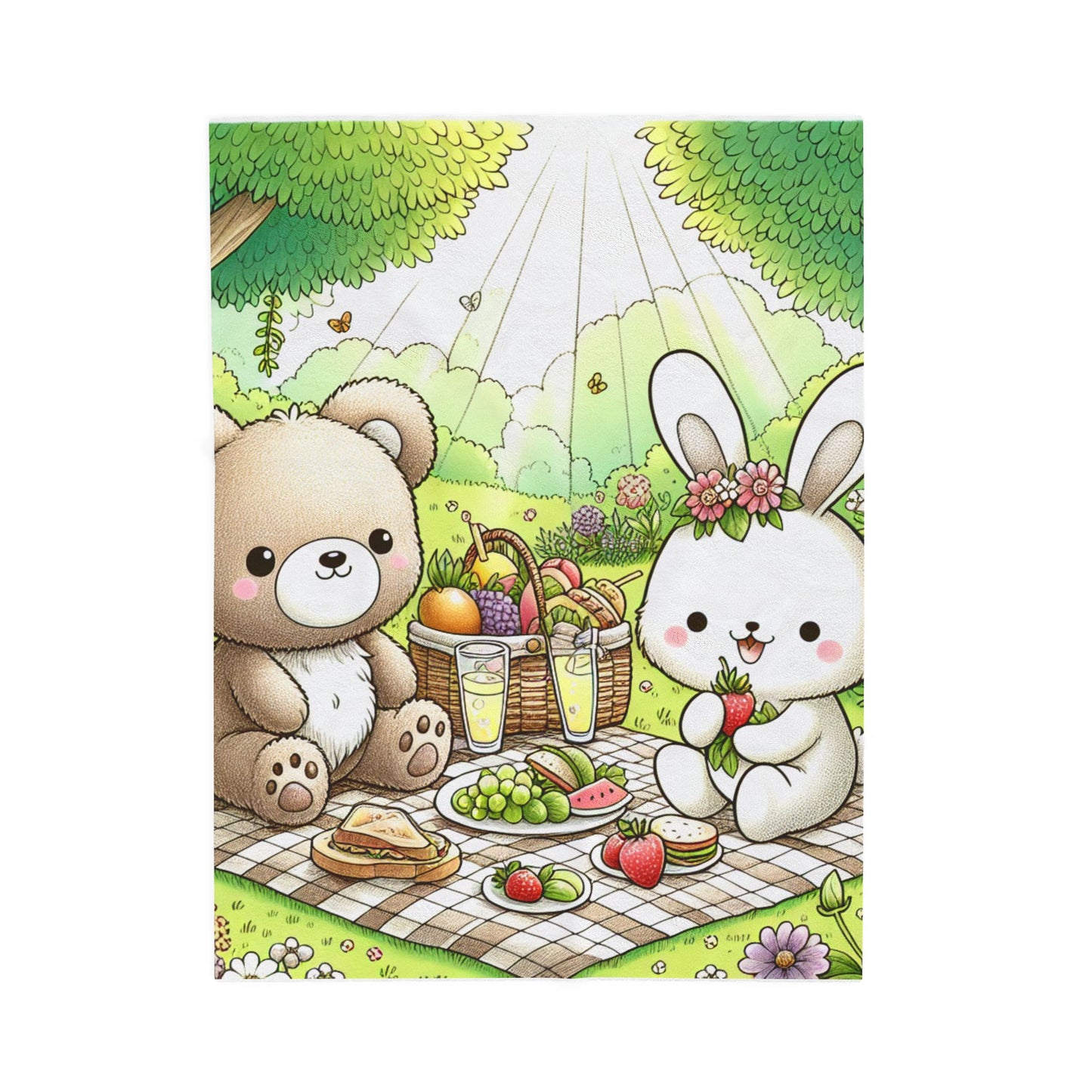 Velveteen Plush Blanket - Cute Bear and Bunny Picnic Design - Spring Gatherings & Kids' Rooms
