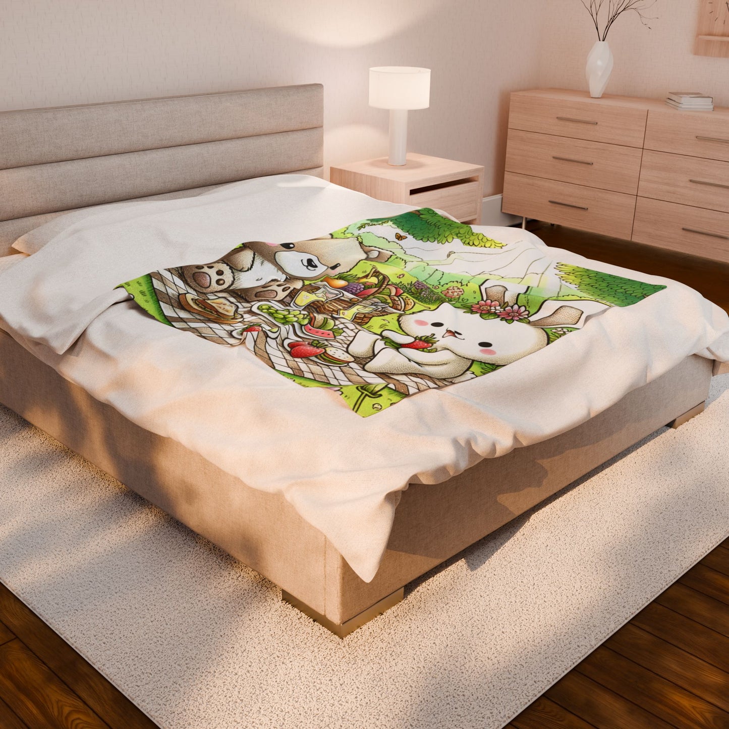 Velveteen Plush Blanket - Cute Bear and Bunny Picnic Design - Spring Gatherings & Kids' Rooms