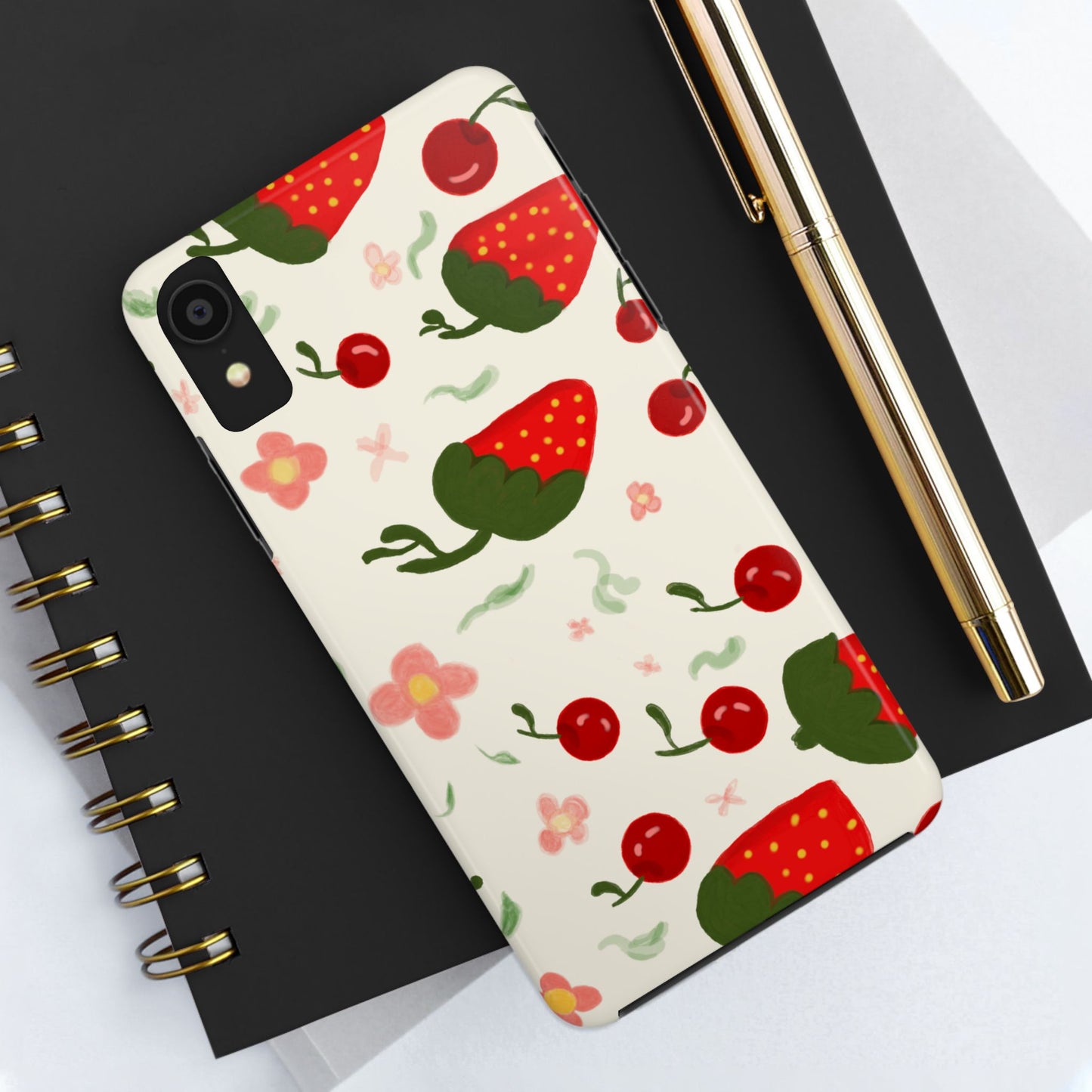 Phone Cases - Strawberry Cherry Floral Pattern Design, Fun Nature-Inspired Vibe