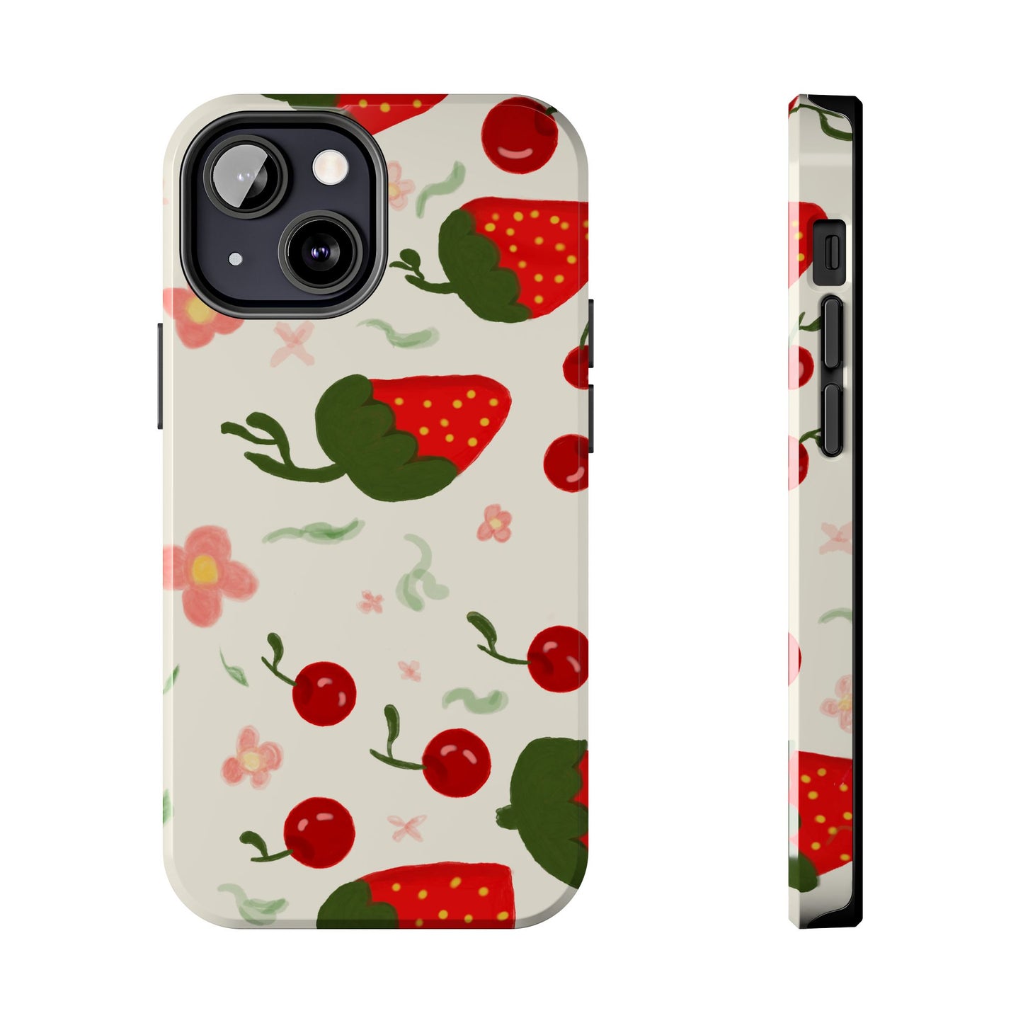 Phone Cases - Strawberry Cherry Floral Pattern Design, Fun Nature-Inspired Vibe