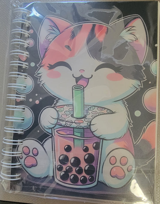 Kawaii Boba Cat Reusable Sticker Book – Spiral-Bound Sticker Storage Album